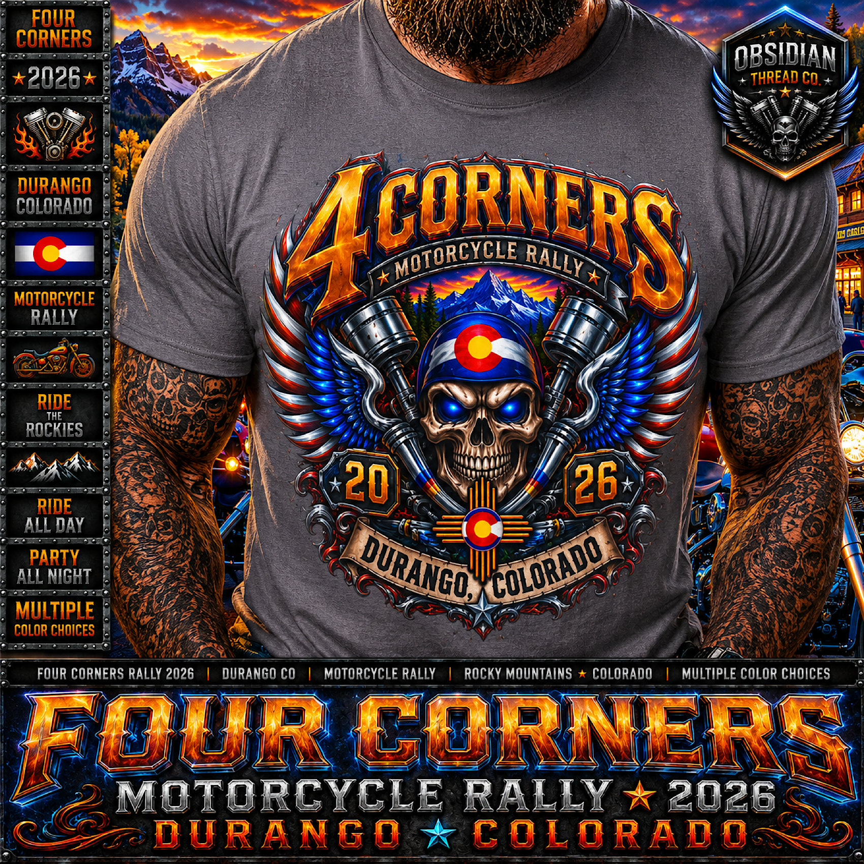 Four Corners Motorcycle Rally 2026 Durango Colorado Biker Skull Shirt No Harley color preview 2