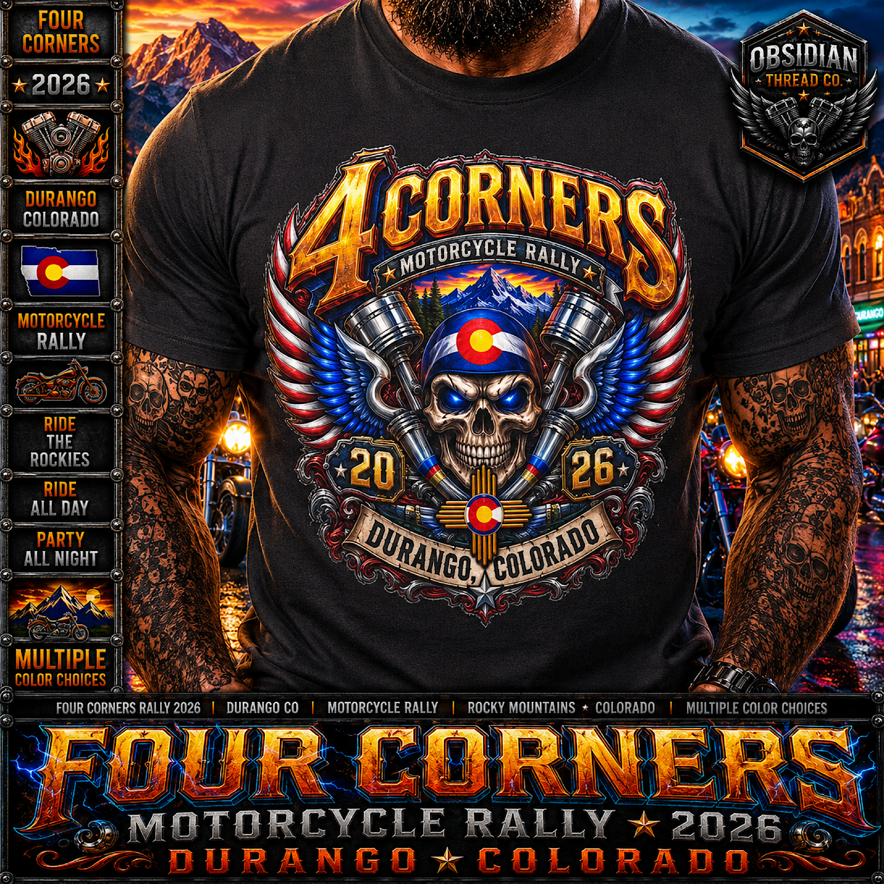 Four Corners Motorcycle Rally 2026 Durango Colorado Biker Skull Shirt No Harley color preview 3