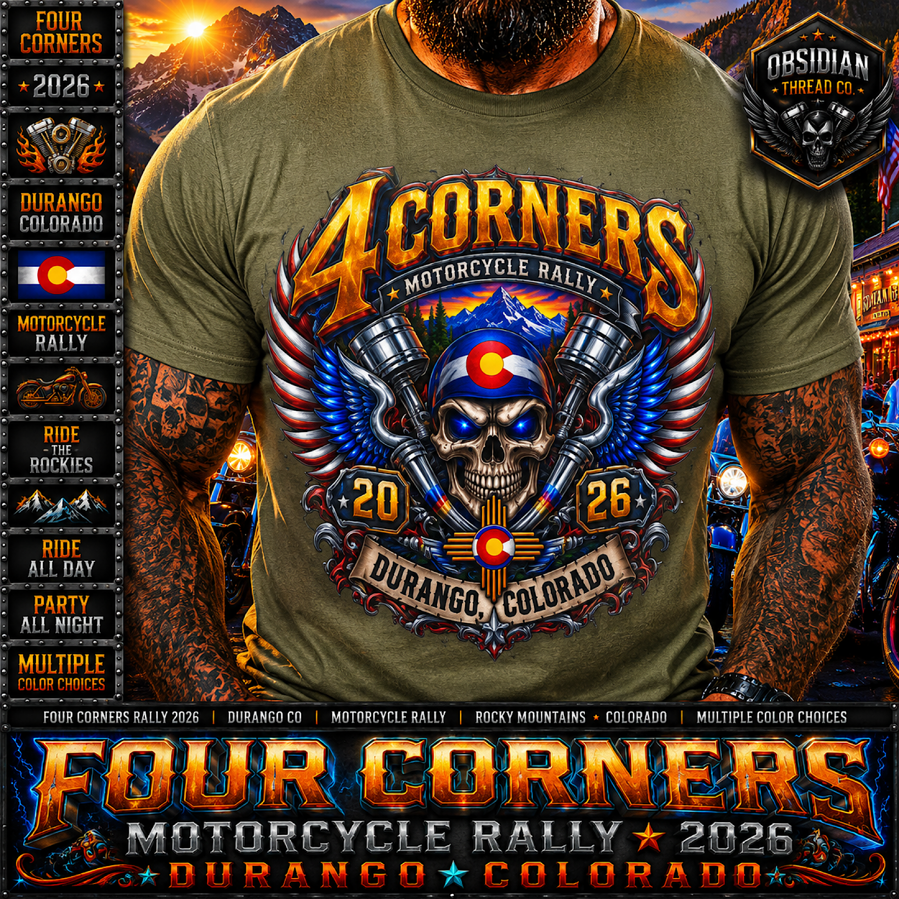 Four Corners Motorcycle Rally 2026 Durango Colorado Biker Skull Shirt No Harley color preview 4