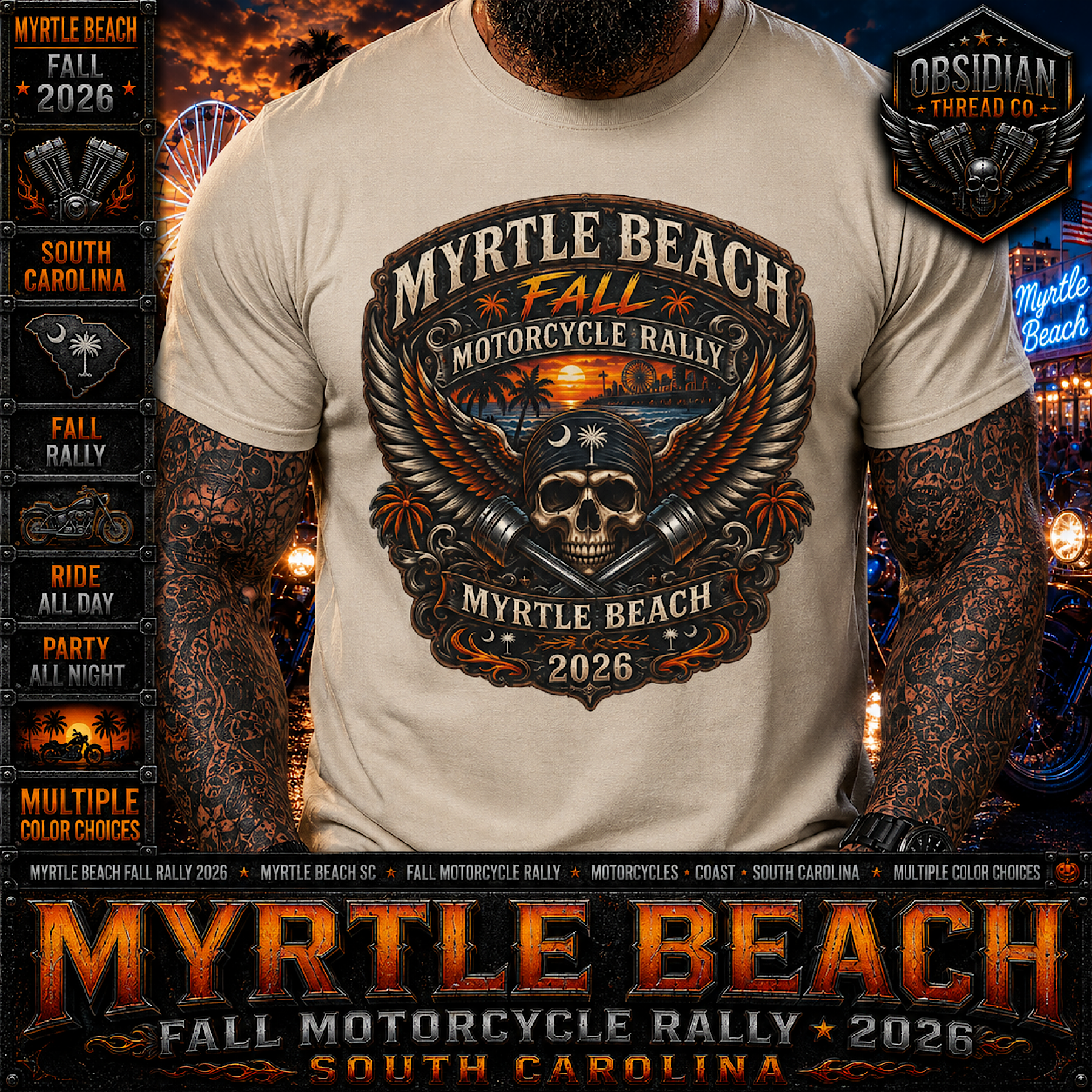 Myrtle Beach Fall Bike Week 2026 SC Motorcycle Rally Biker Skull Shirt No Harley color preview 3