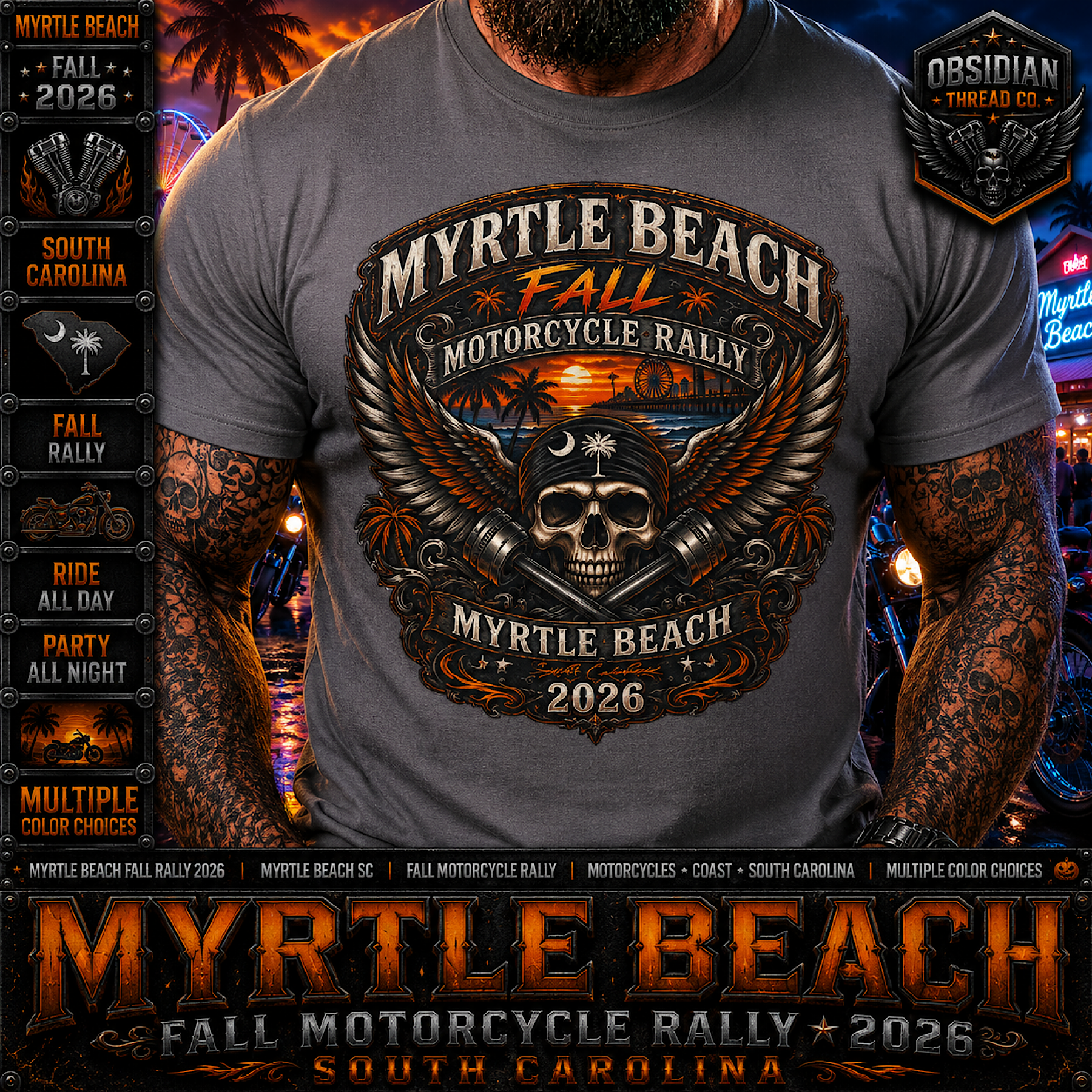 Myrtle Beach Fall Bike Week 2026 SC Motorcycle Rally Biker Skull Shirt No Harley color preview 2
