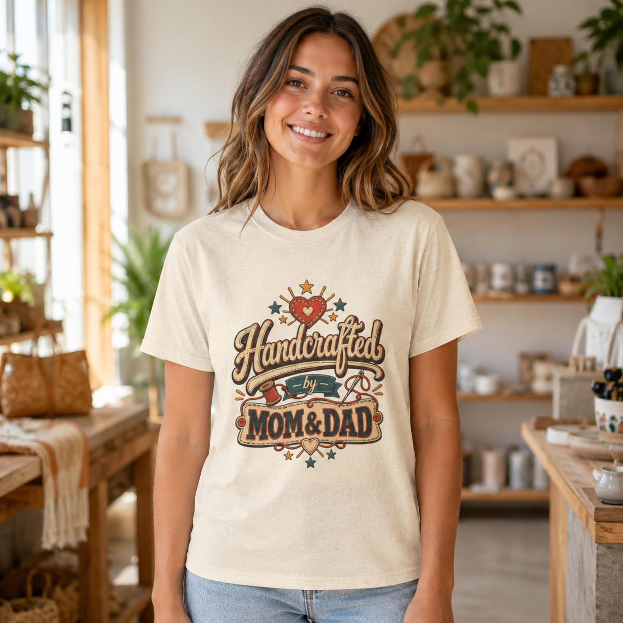 Handcrafted by Mom And Dad T-Shirt, Funny Unisex Family Gift