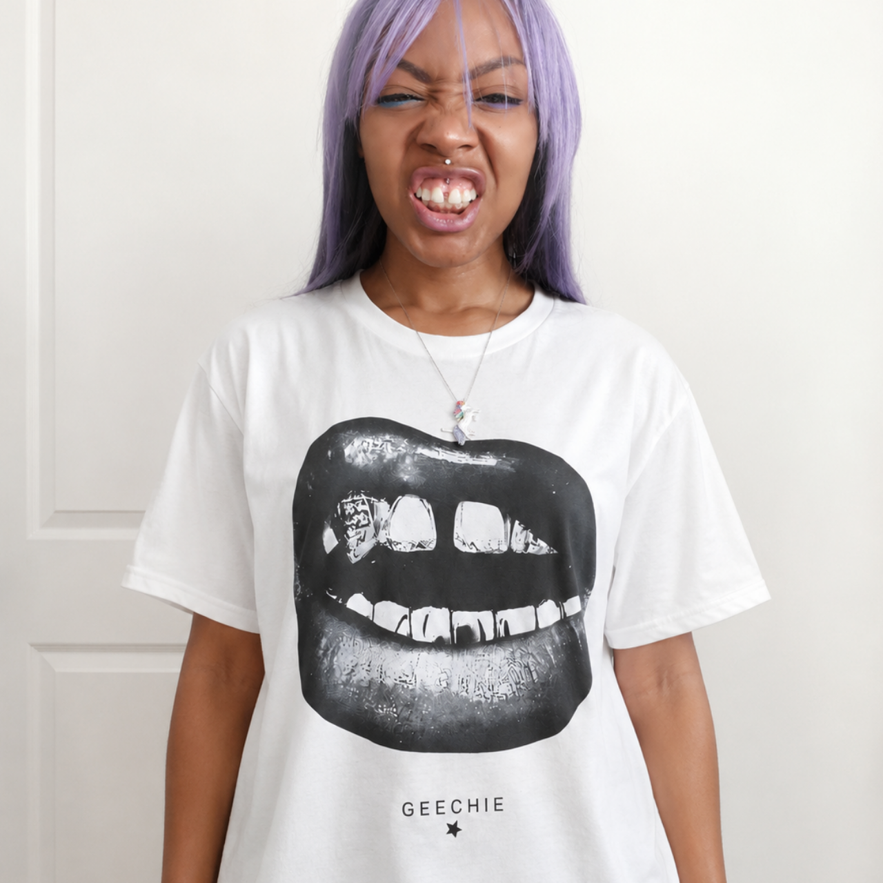 GEECHIE Black-and-White Lips Graphic T-Shirt mockup 5