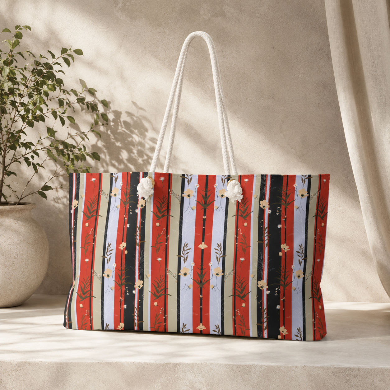 Red Black Stripe Floral Pattern Weekender Bag