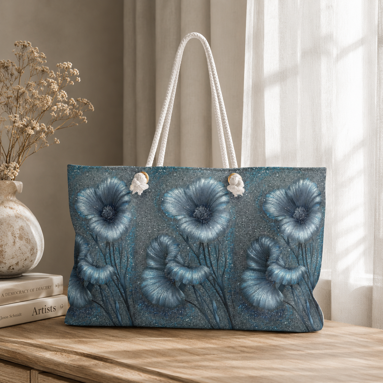 Blue Floral Poppy Illustration Weekender Bag