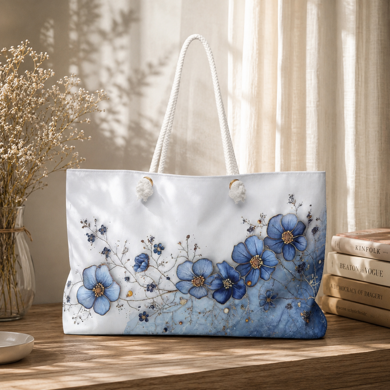 Blue Floral Watercolor Weekender Bag