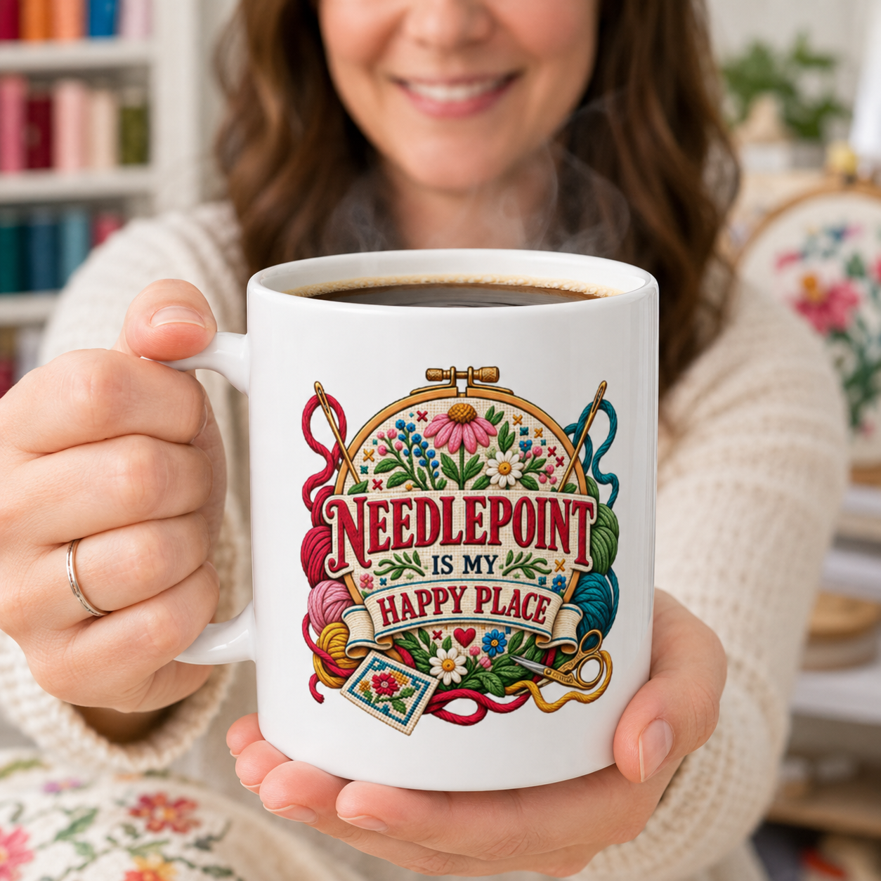 Needlepoint Is My Happy Place Coffee Mug, Needlework Gift for Stitchers