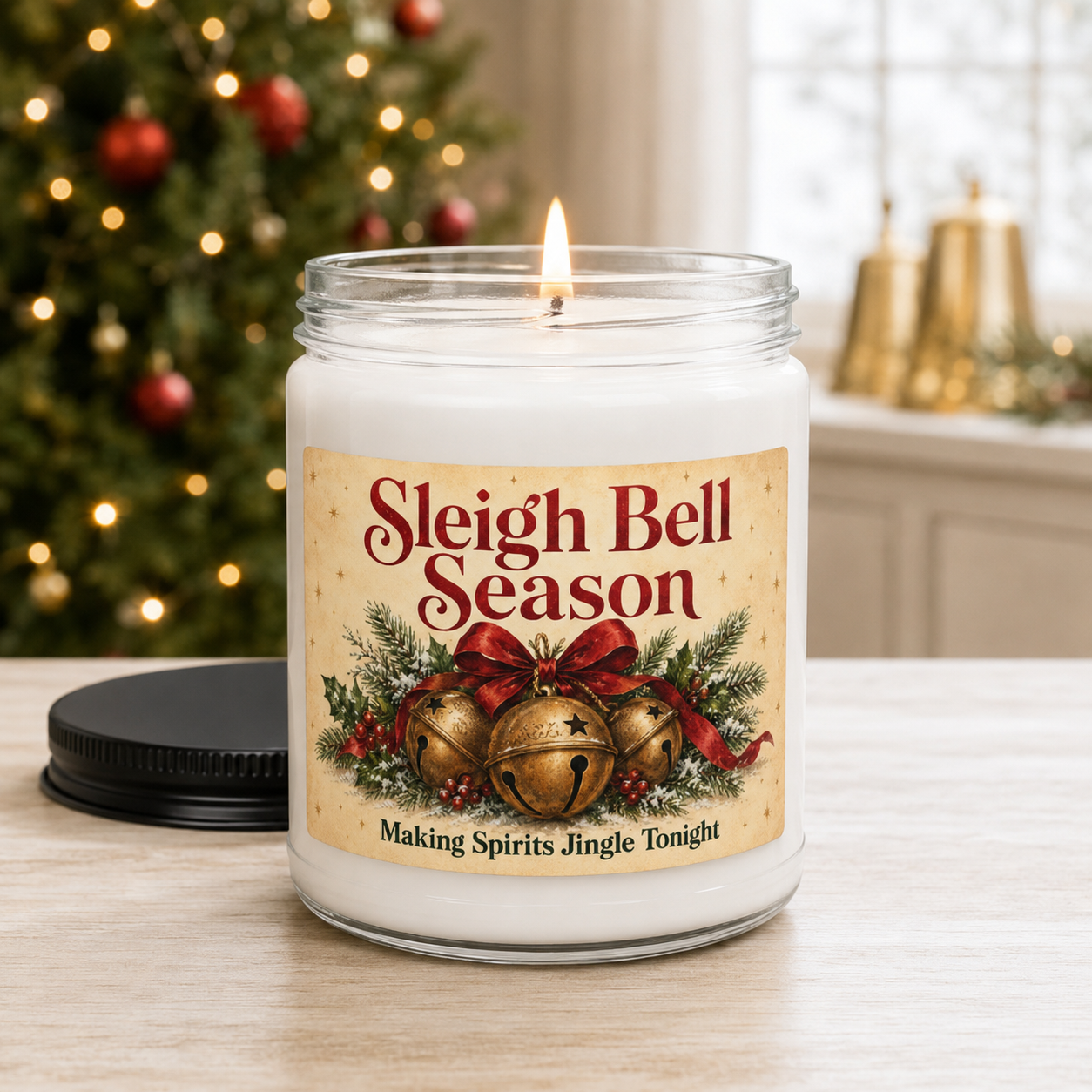 Sleigh Bell Season Christmas Candle, Vintage Bell Design, Holiday Decor and Hostess Gift