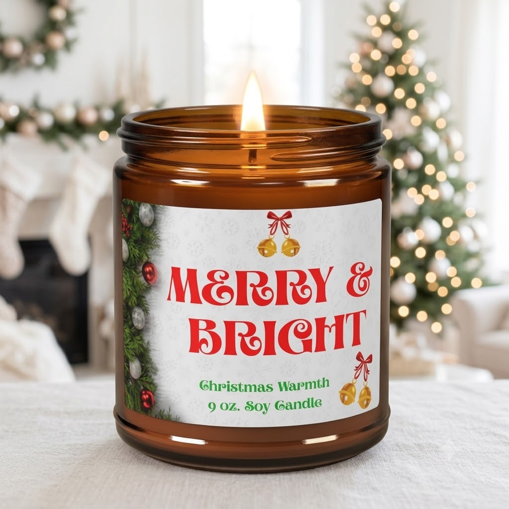 Christmas Candle Merry And Bright, Holiday Soy Candle Gift, Christmas Home Decor, Cozy Winter Gift, Amber Jar Soy Candle