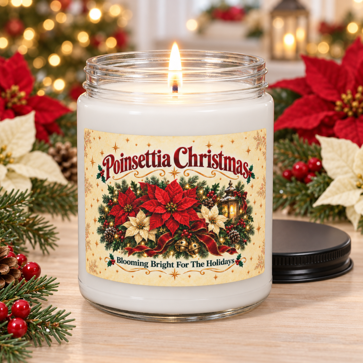 Poinsettia Christmas Candle, Vintage Floral Holiday Decor and Flower Lover Gift  