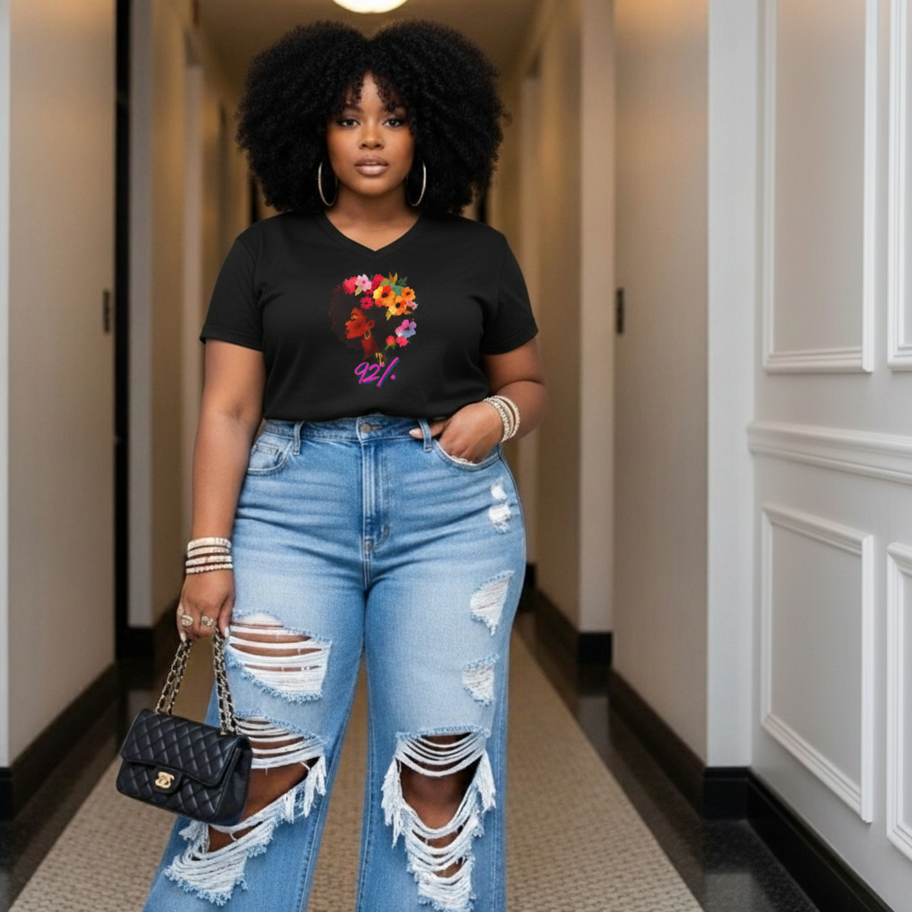 Afro Floral Profile 92% Ladies V-Neck T-Shirt | Floral Afro Woman Graphic Tee