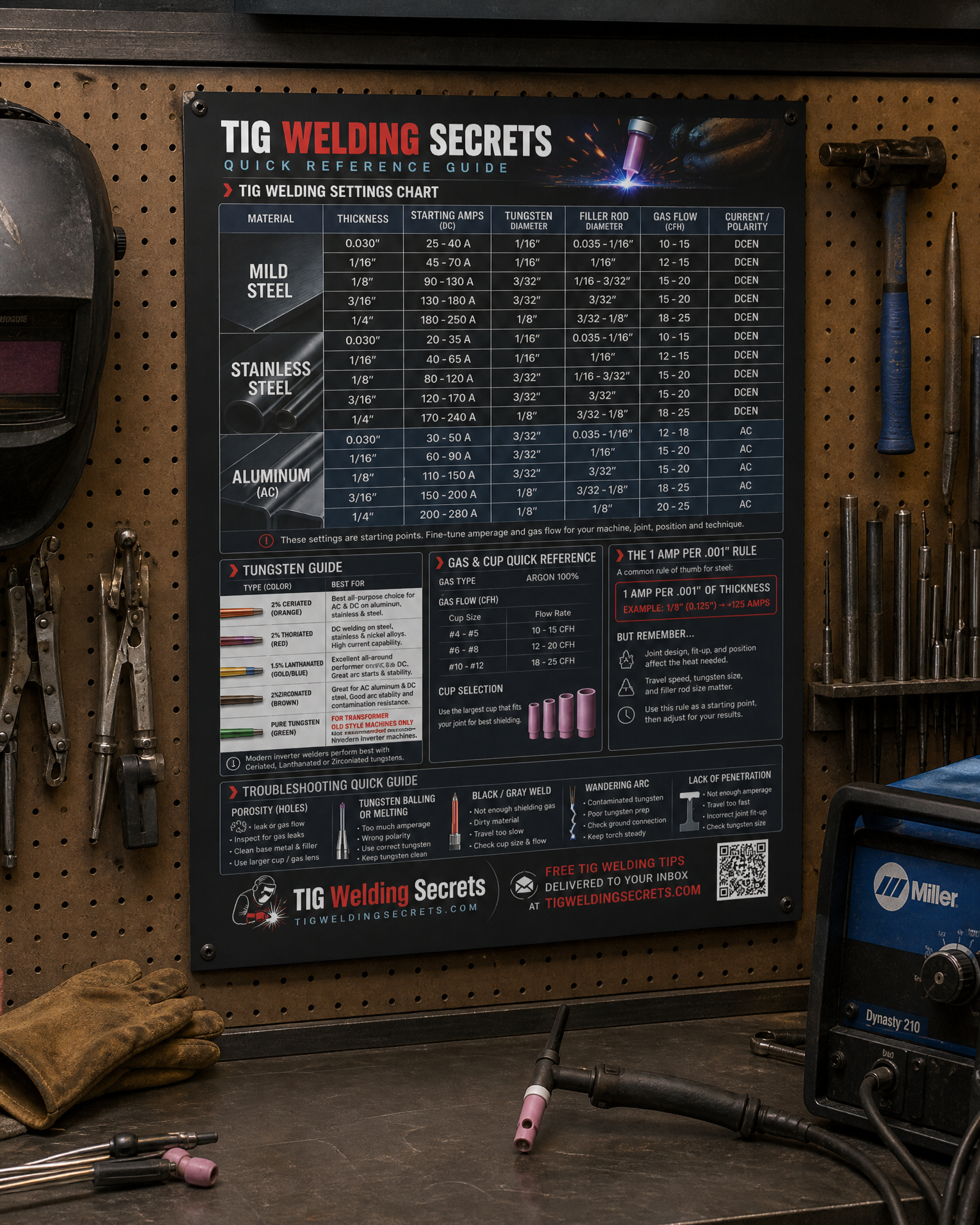16"x20" Metal TIG Welding Quick Reference Guide Shop Sign
