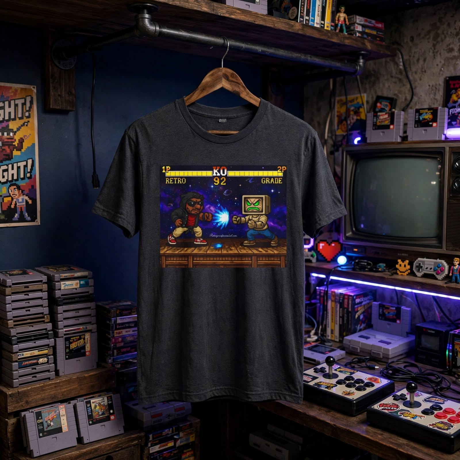 Retro Arcade Fight T-Shirt — "KO 92" Pixel Gaming Tee – Antique Cherry Red, XL