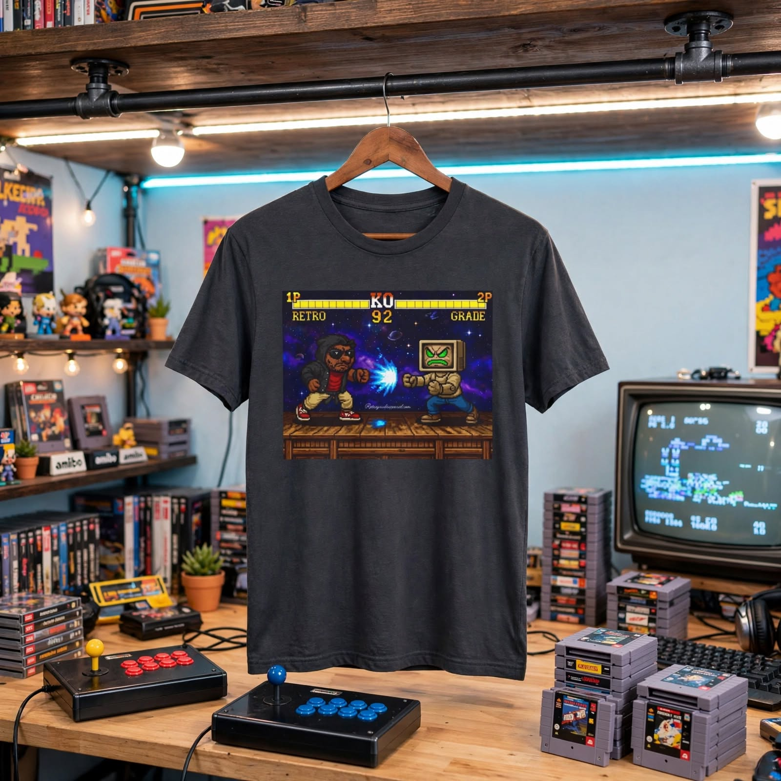 Retro Arcade Fight T-Shirt — "KO 92" Pixel Gaming Tee