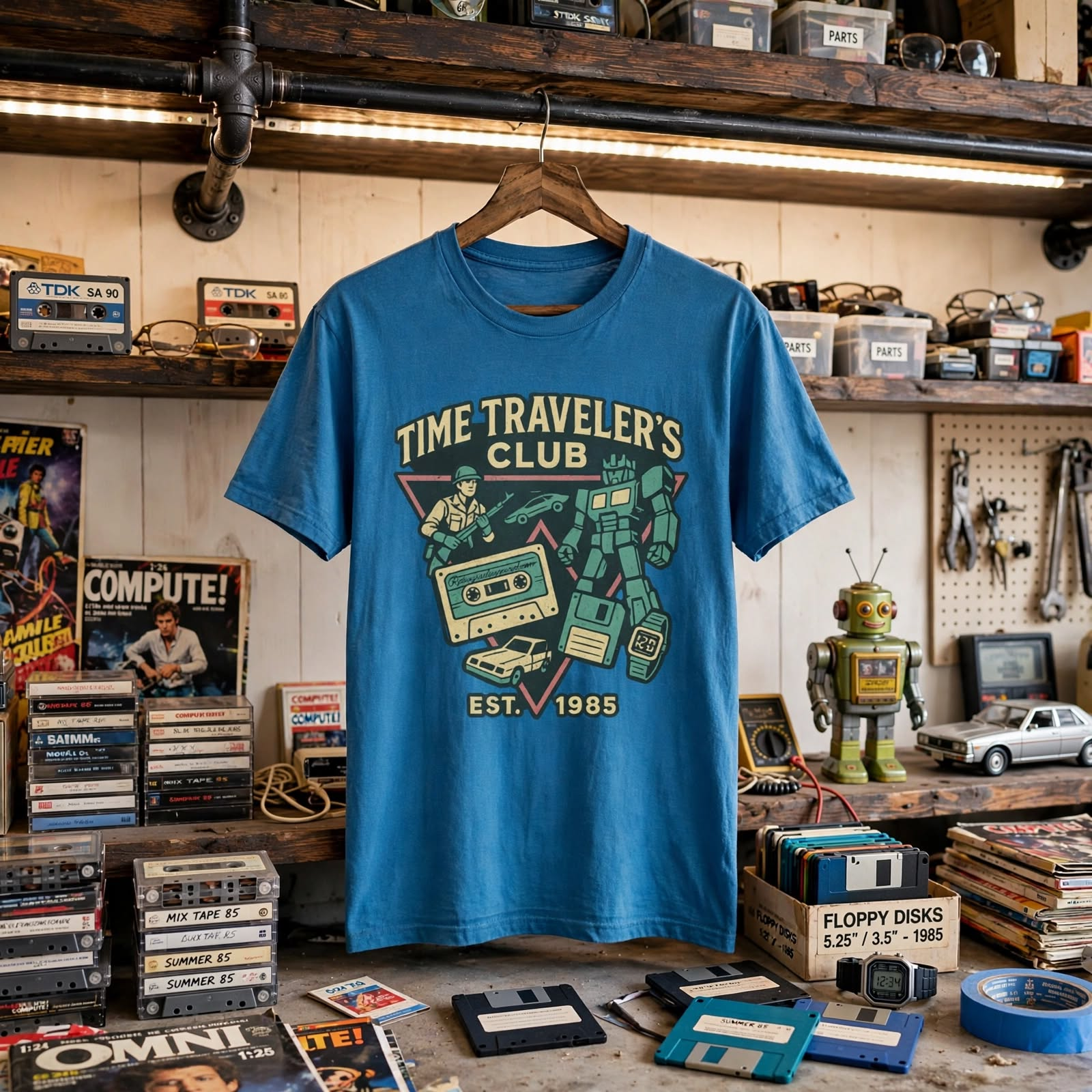Time-Traveler's Club T-Shirt — Retro Sci‑Fi Vintage Robot & Cassette Design