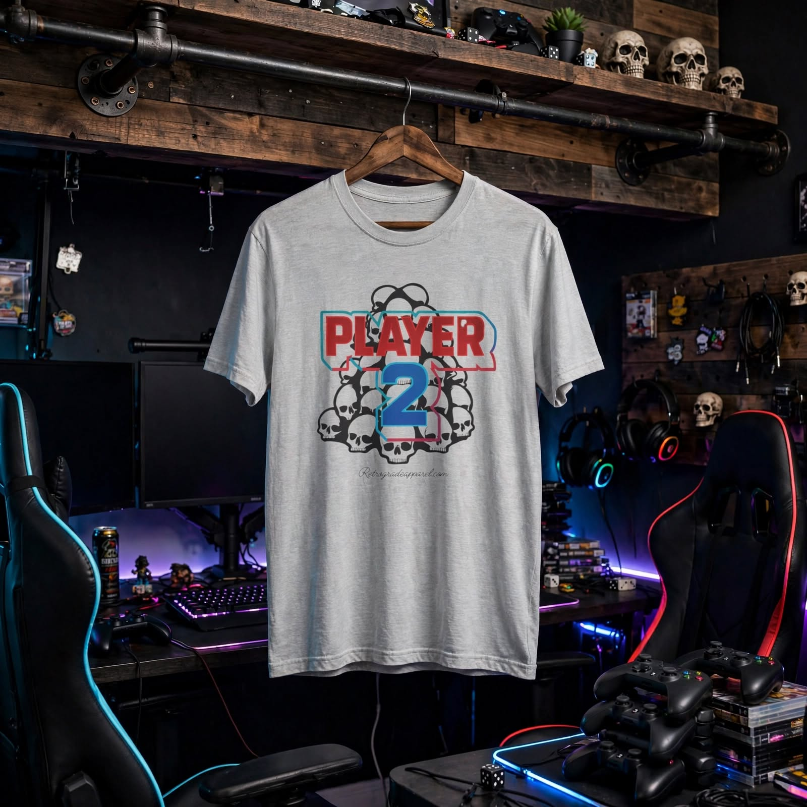 Player 2 T‑Shirt — Retro Gamer Skull Stack Tee