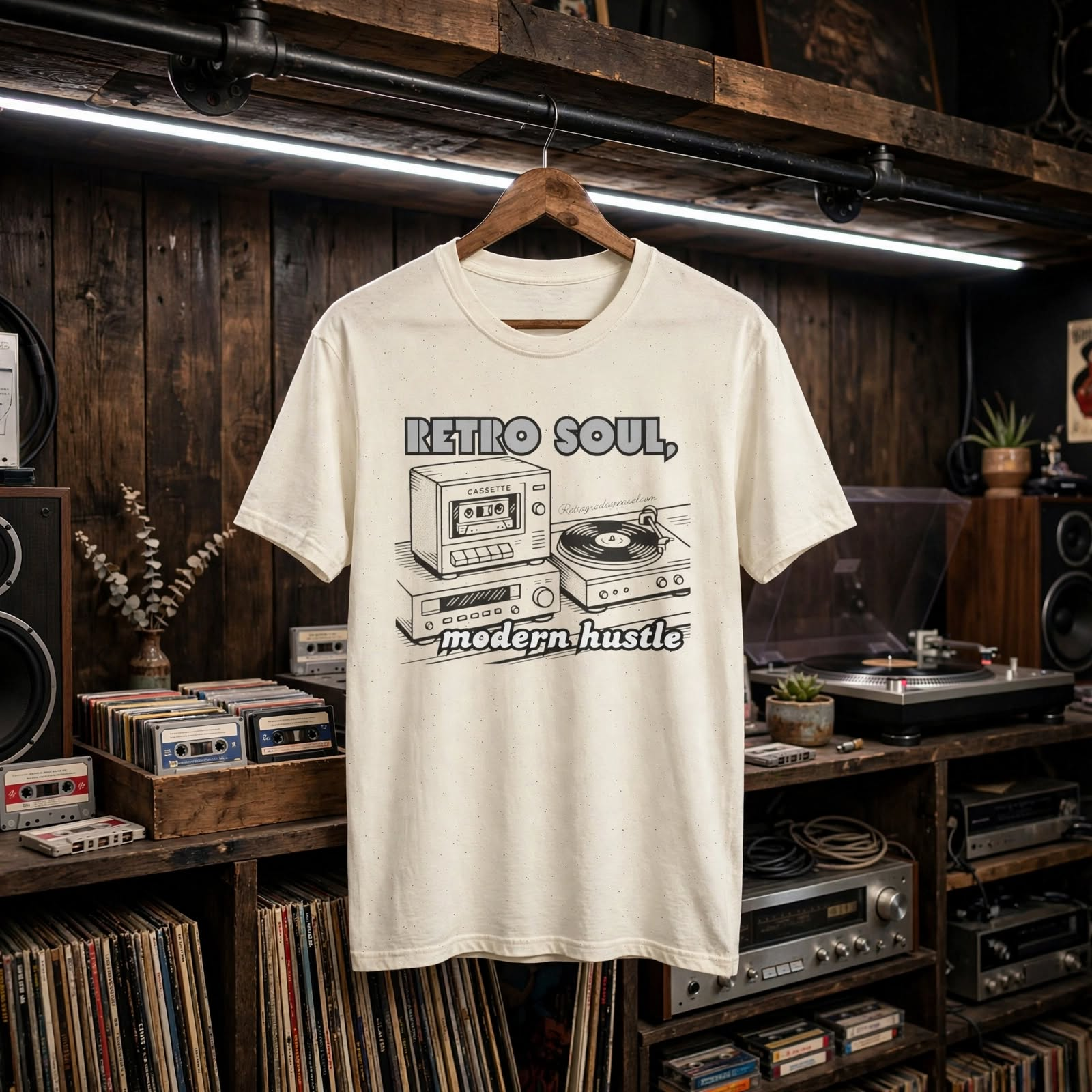 Retro Soul T-Shirt — "Retro Soul, Modern Hustle" Vintage Cassette & Turntable Tee
