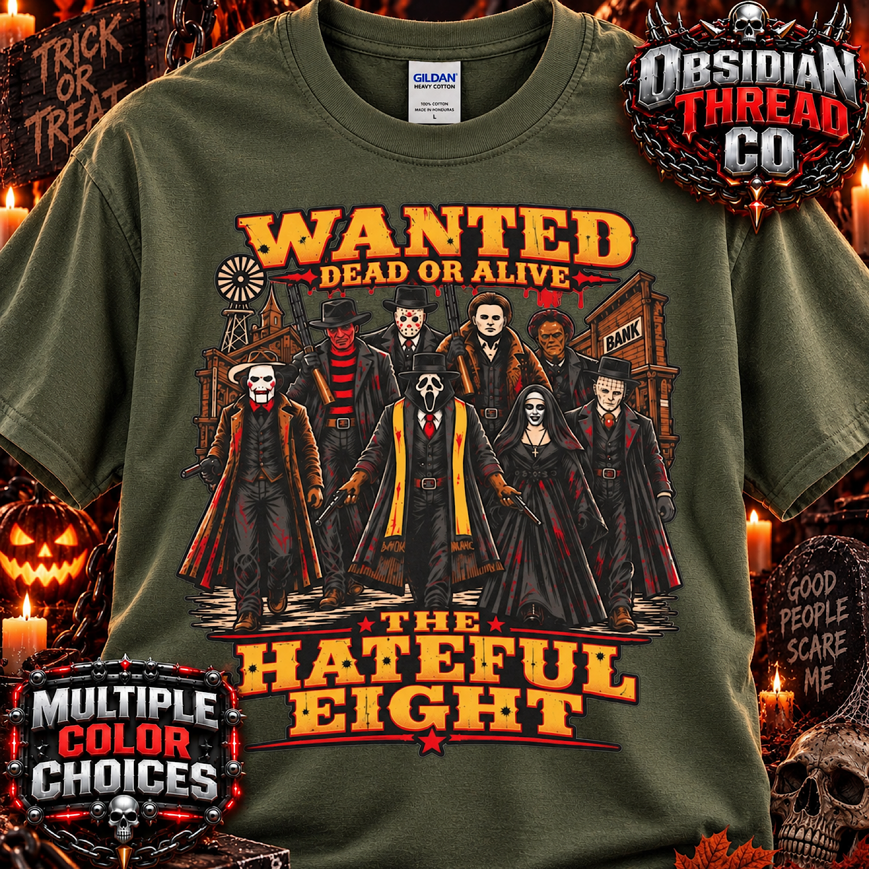 Hateful Eight Horror Shirt Halloween Slasher Movie Killers Wanted Dead or Alive color preview 4