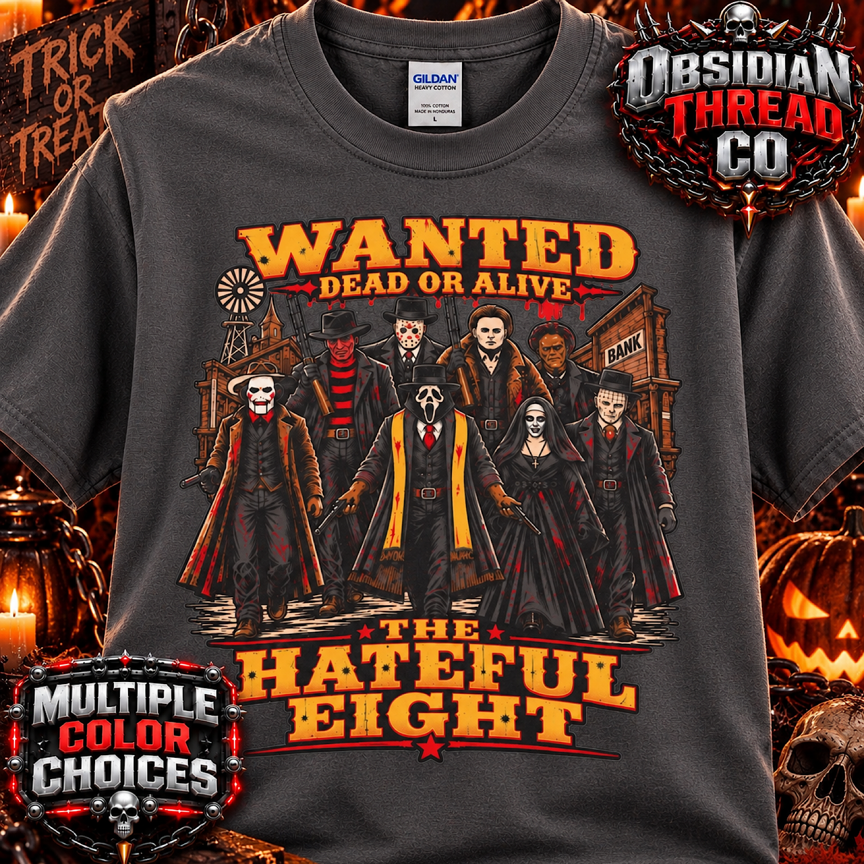 Hateful Eight Horror Shirt Halloween Slasher Movie Killers Wanted Dead or Alive color preview 2