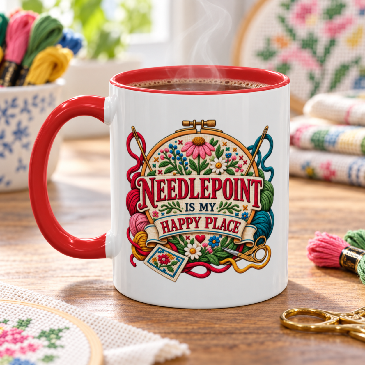 Needlepoint Is My Happy Place Mug – Colorful Needlework Coffee Cup