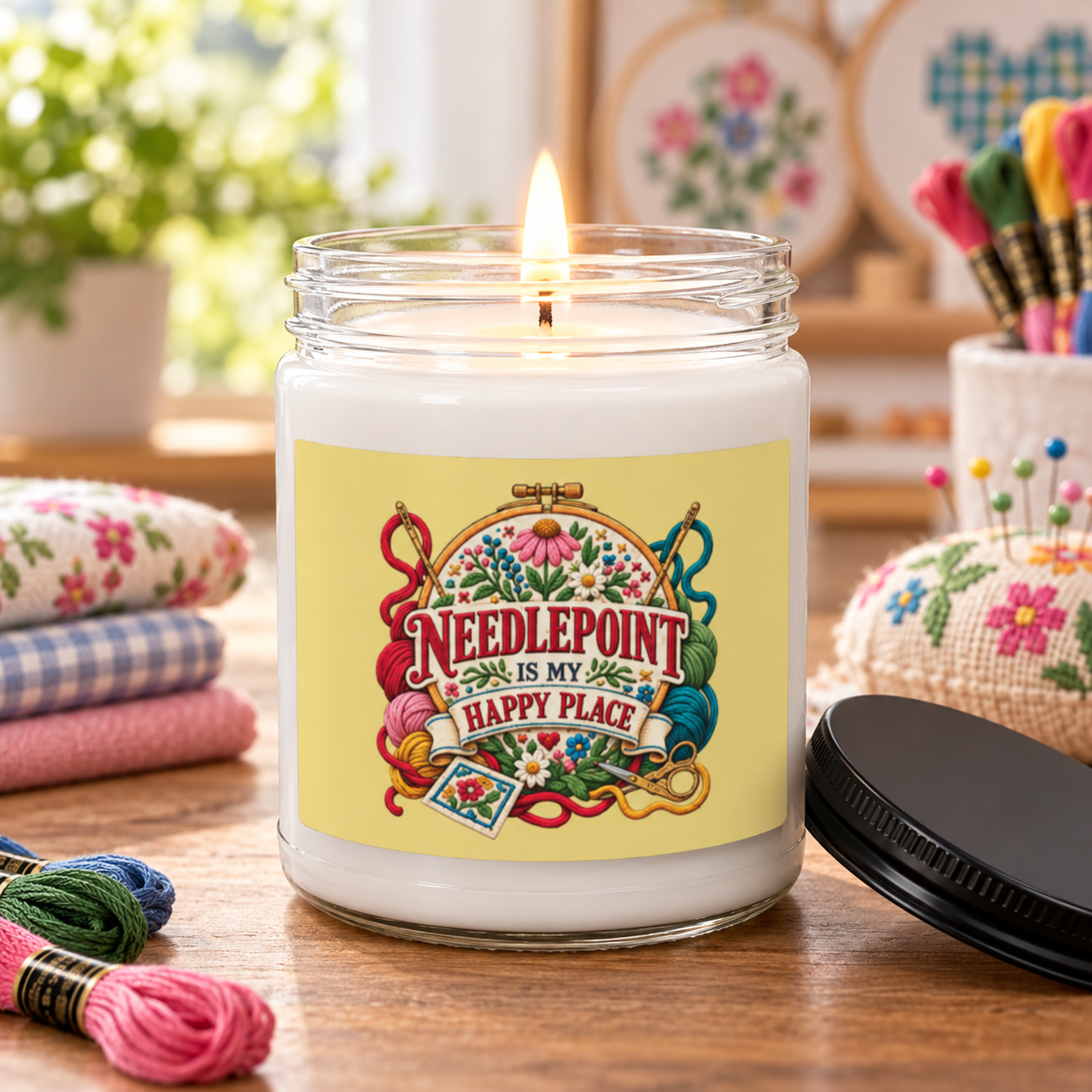 Needlepoint Is My Happy Place Candle – Needlework and Embroidery Gift