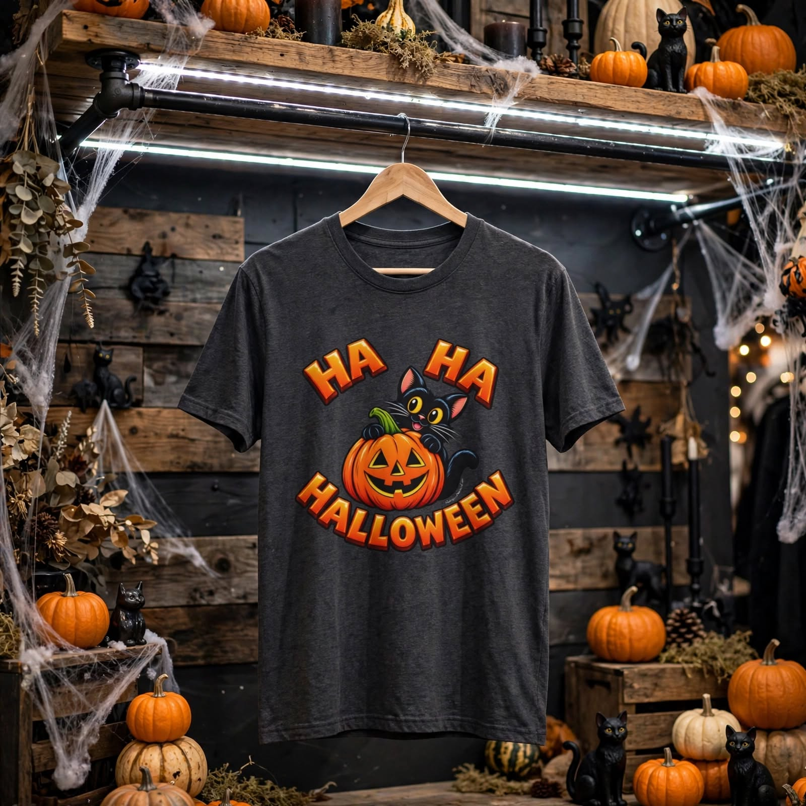 Ha Ha Halloween T-Shirt, Cat lovers tee, Kitten crazy shirt – Light Blue, S