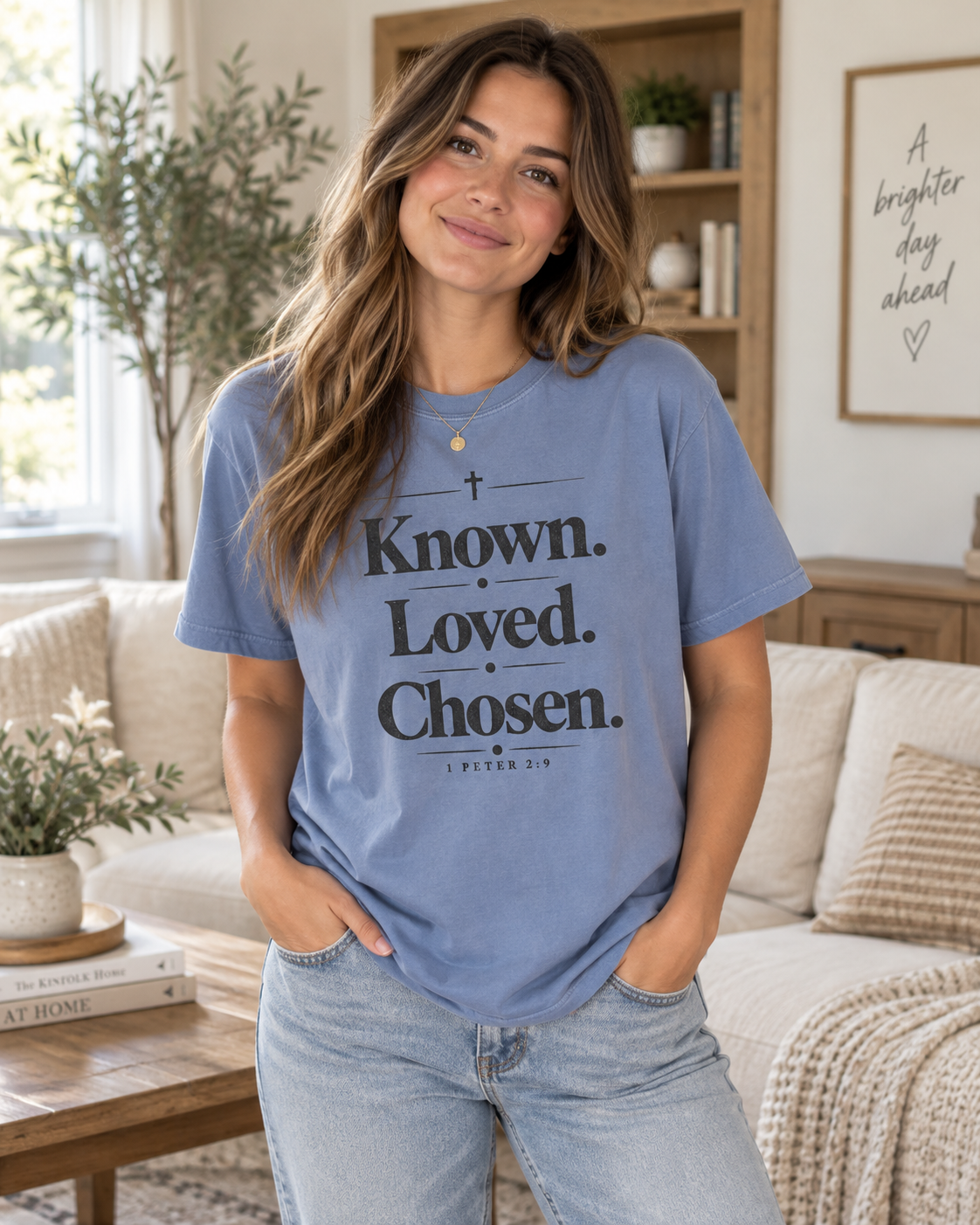 Washed Denim Known. Loved. Chosen. T-Shirt | Christian Scripture 1 Peter Typography