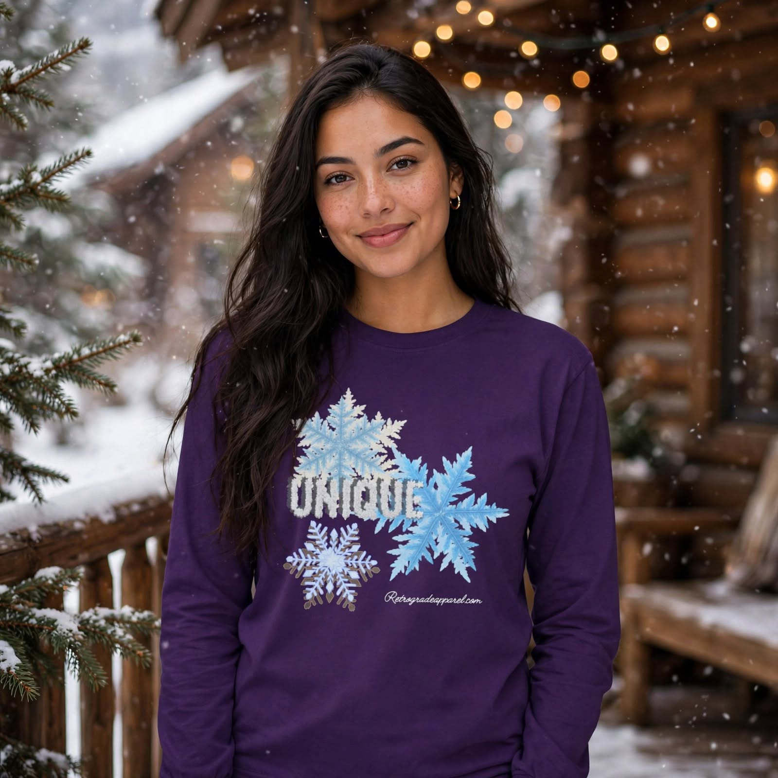 Unique Snowflake Long-Sleeve T-Shirt, Winter Graphic Tee with Frosty Vibes – M, Purple