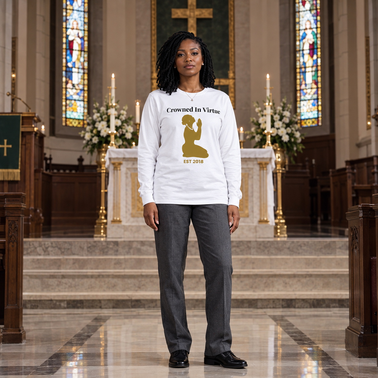 Crowned In Virtue Gold Accented Black & White Long Sleeve