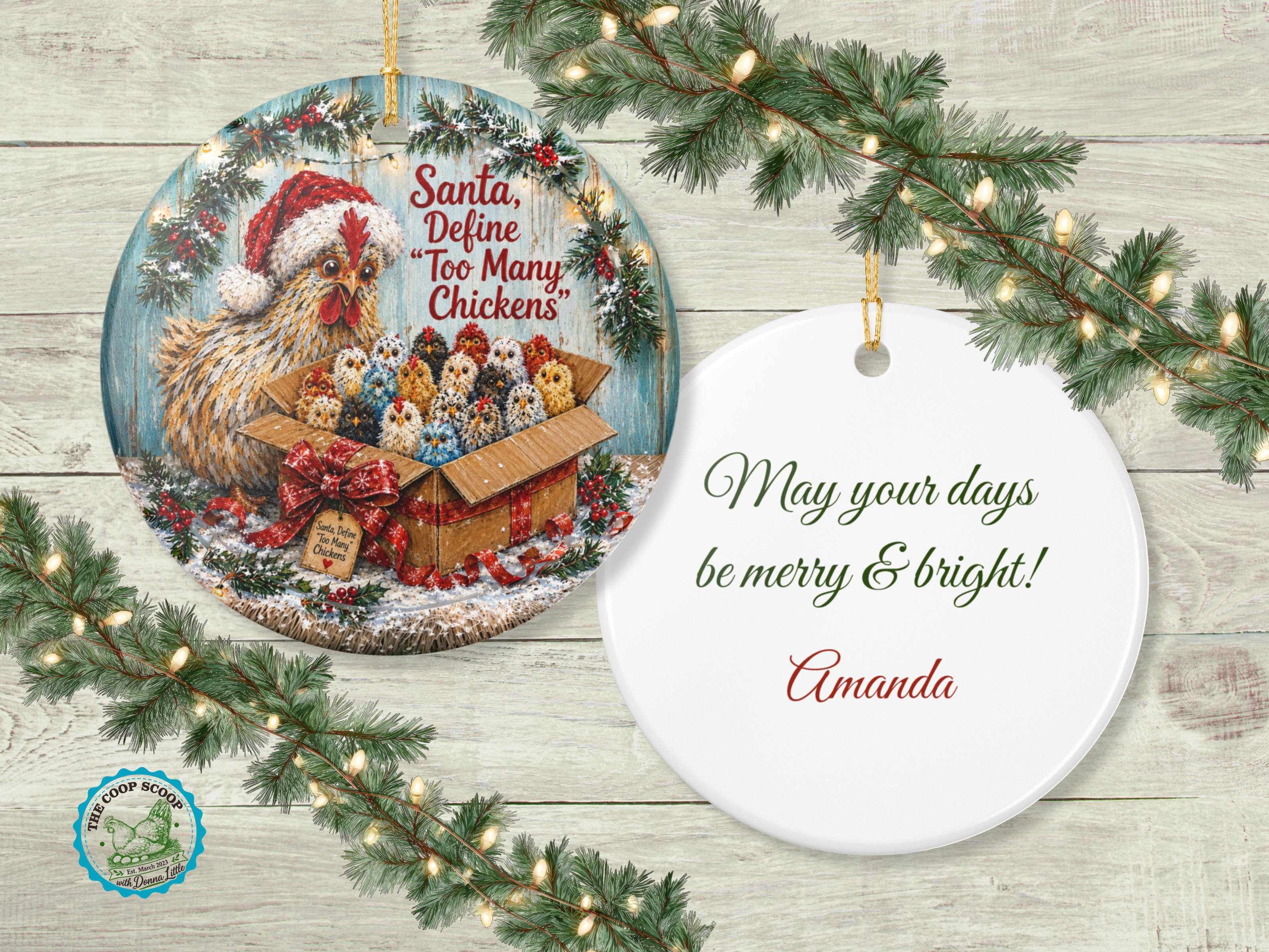 Chicken Christmas Ornament, Personalized Chicken Lover Gift, Funny Hen Holiday Ornament, Farmhouse Christmas Decor, Custom Xmas Message – Round, One size