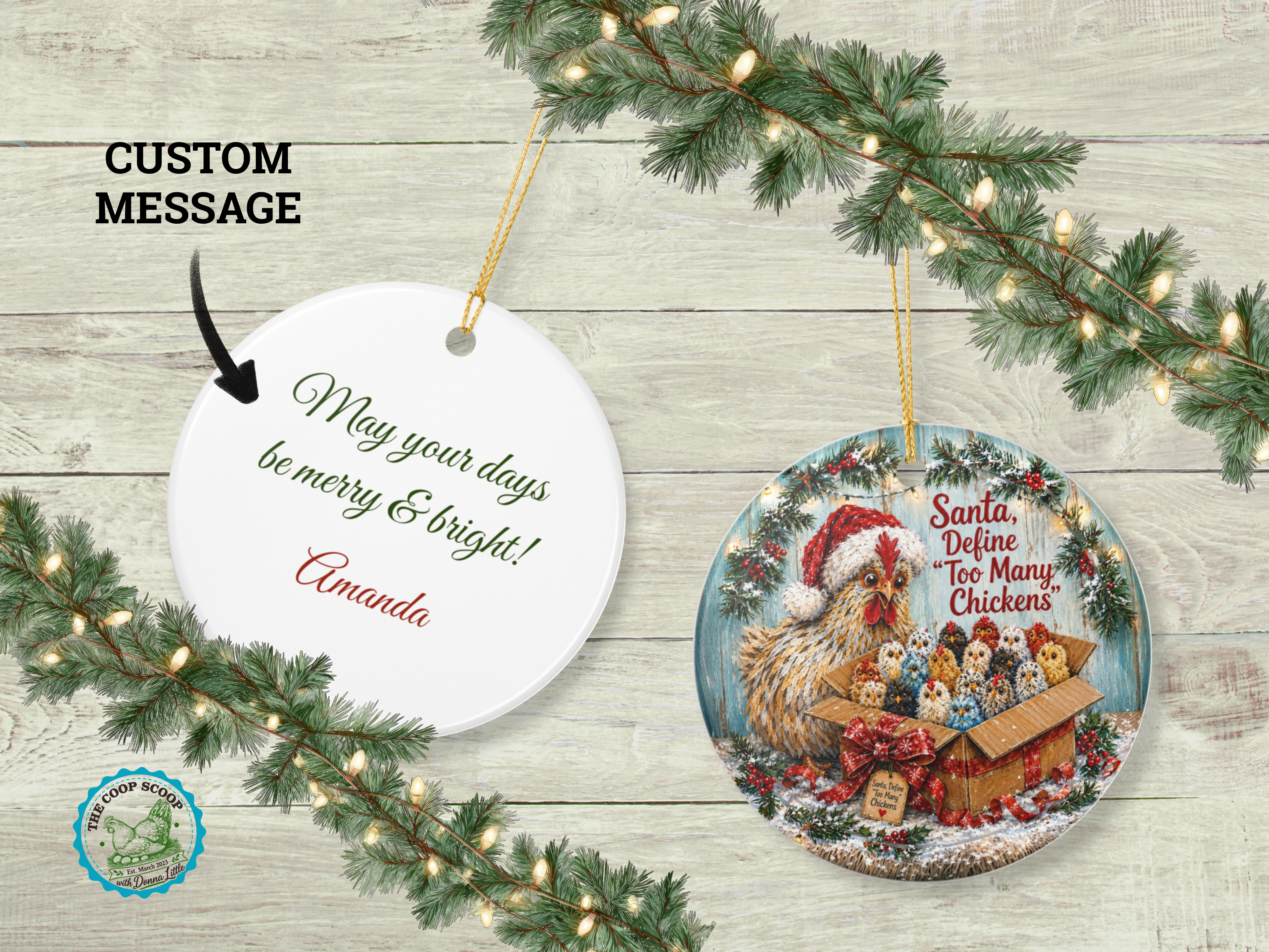 Chicken Christmas Ornament, Personalized Chicken Lover Gift, Funny Hen Holiday Ornament, Farmhouse Christmas Decor, Custom Xmas Message – Round, One size