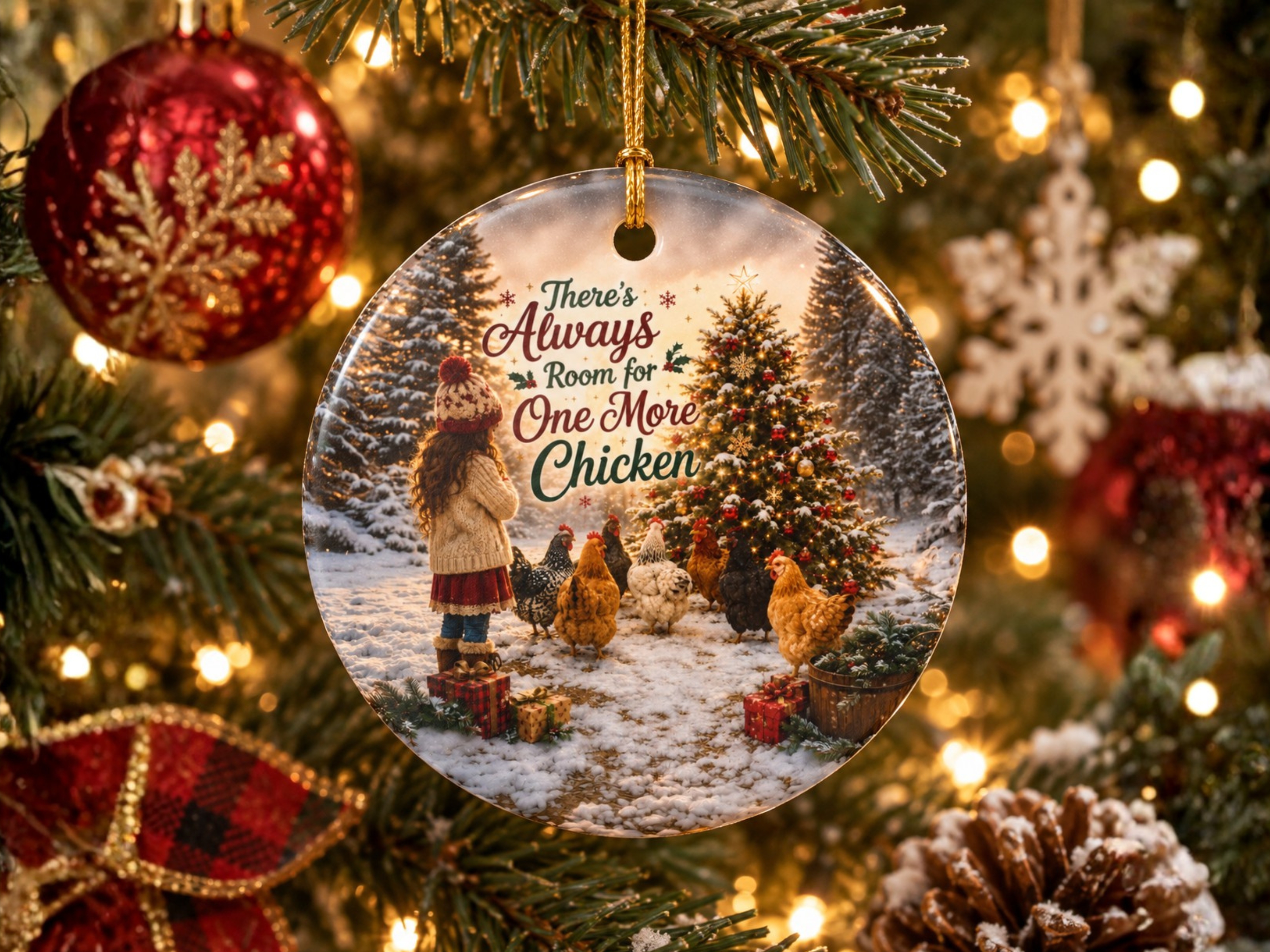Always Room For One More Chicken Christmas Ornament, Chicken Lover Gift, Farmhouse Holiday Decor, Personalized Back Message