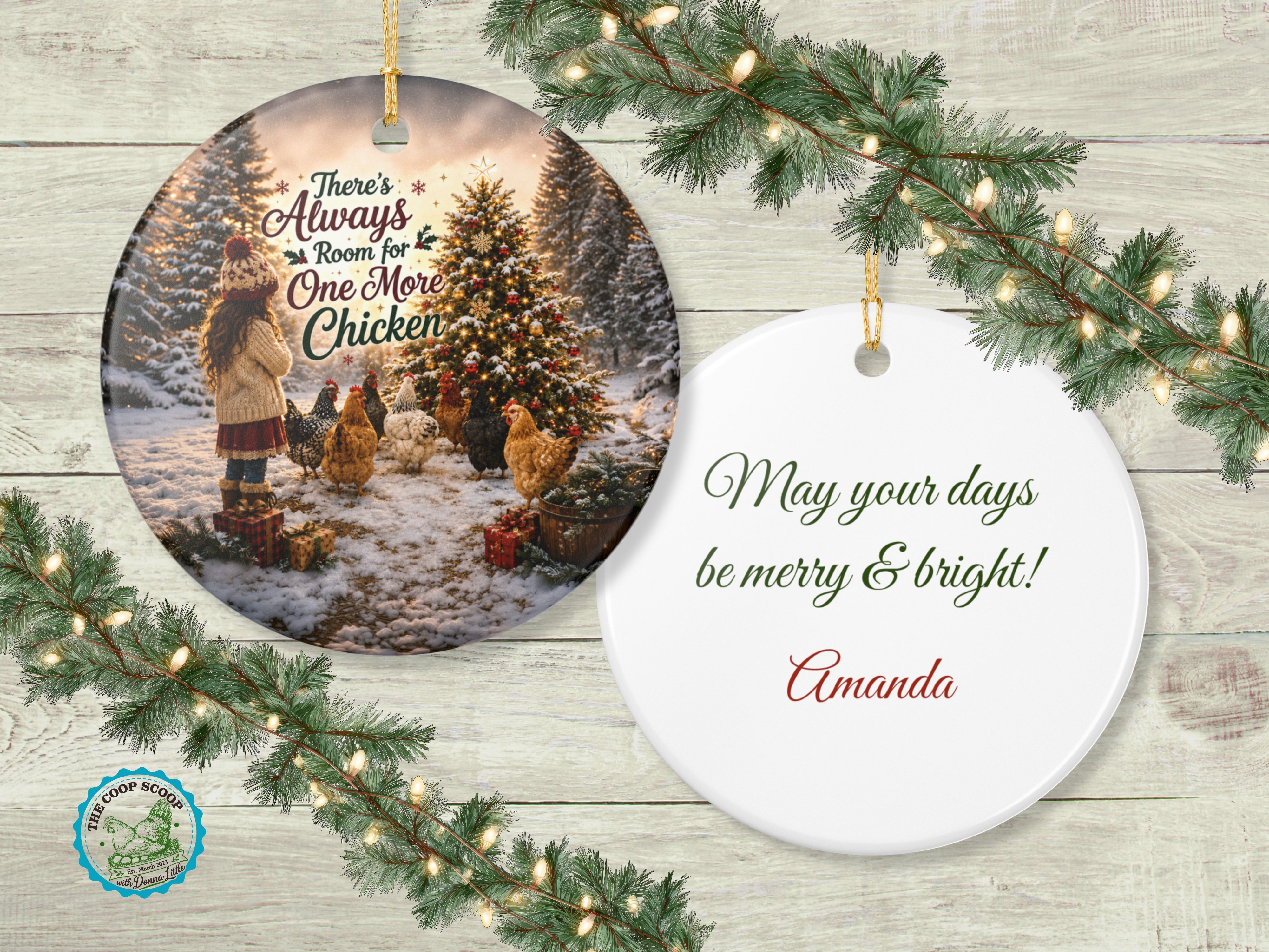 Always Room For One More Chicken Christmas Ornament, Chicken Lover Gift, Farmhouse Holiday Decor, Personalized Back Message – Round, One size