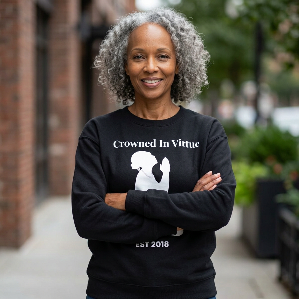 Crowned in Virtue Sweatshirt — Silhouette Prayer Graphic Crewneck