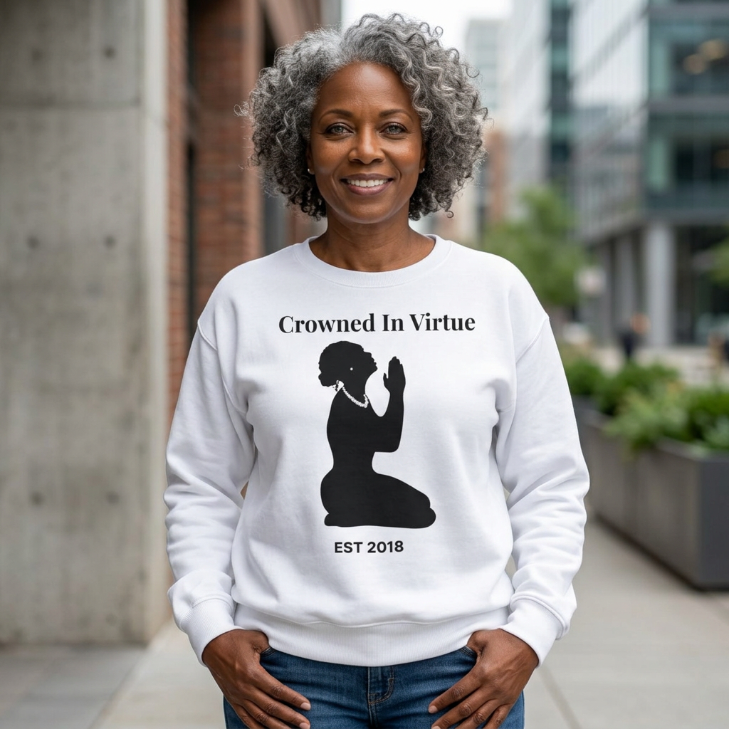 Crowned in Virtue Sweatshirt — Silhouette Prayer Graphic Crewneck