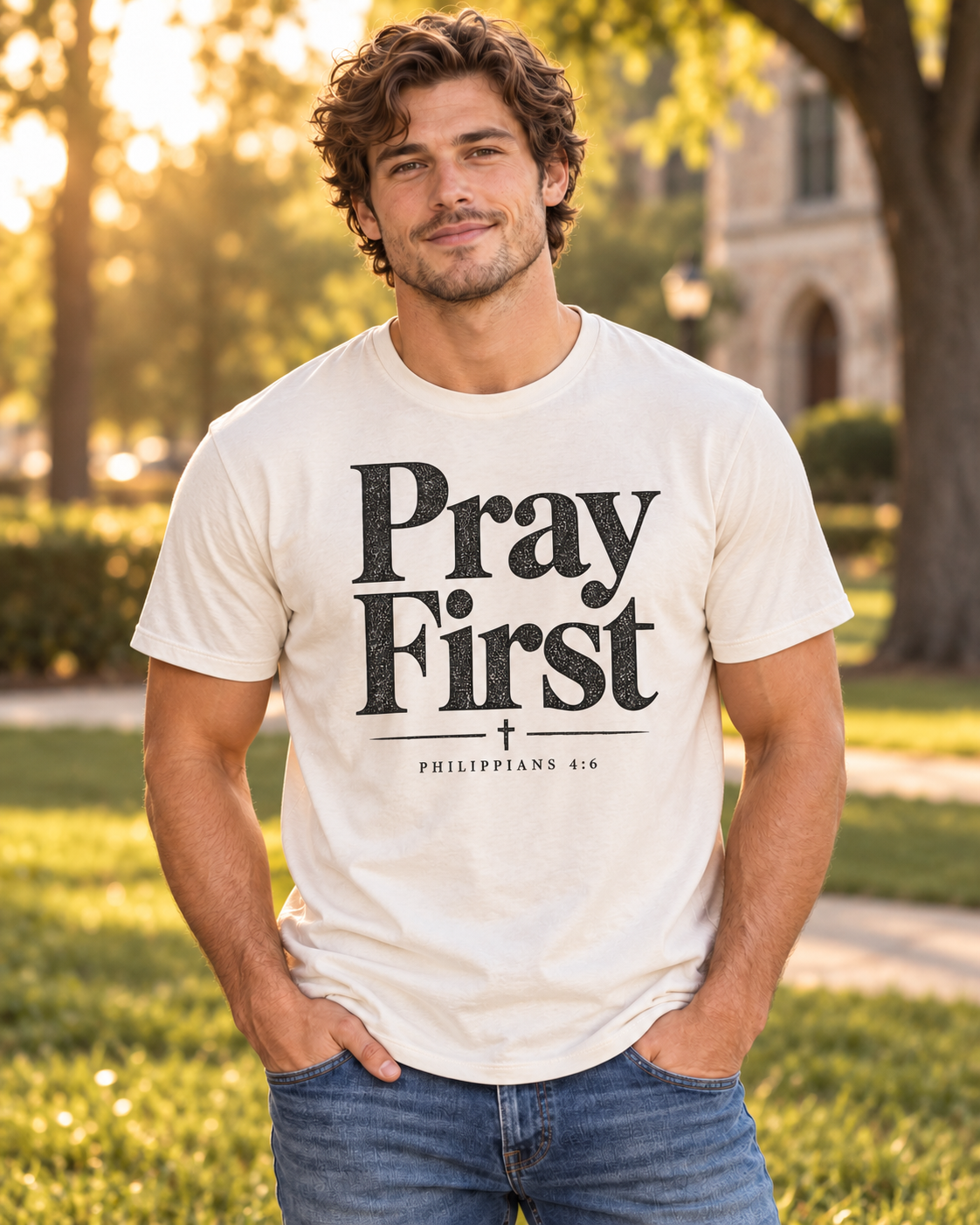 Ivory Pray First T-shirt | Christian Typography Tee, Philippians 4:6 Spiritual Shirt