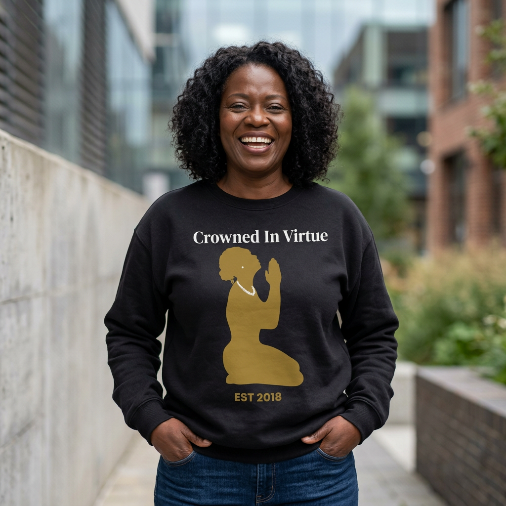 Crowned in Virtue Sweatshirt — Silhouette Prayer Graphic Crewneck Gold Accented