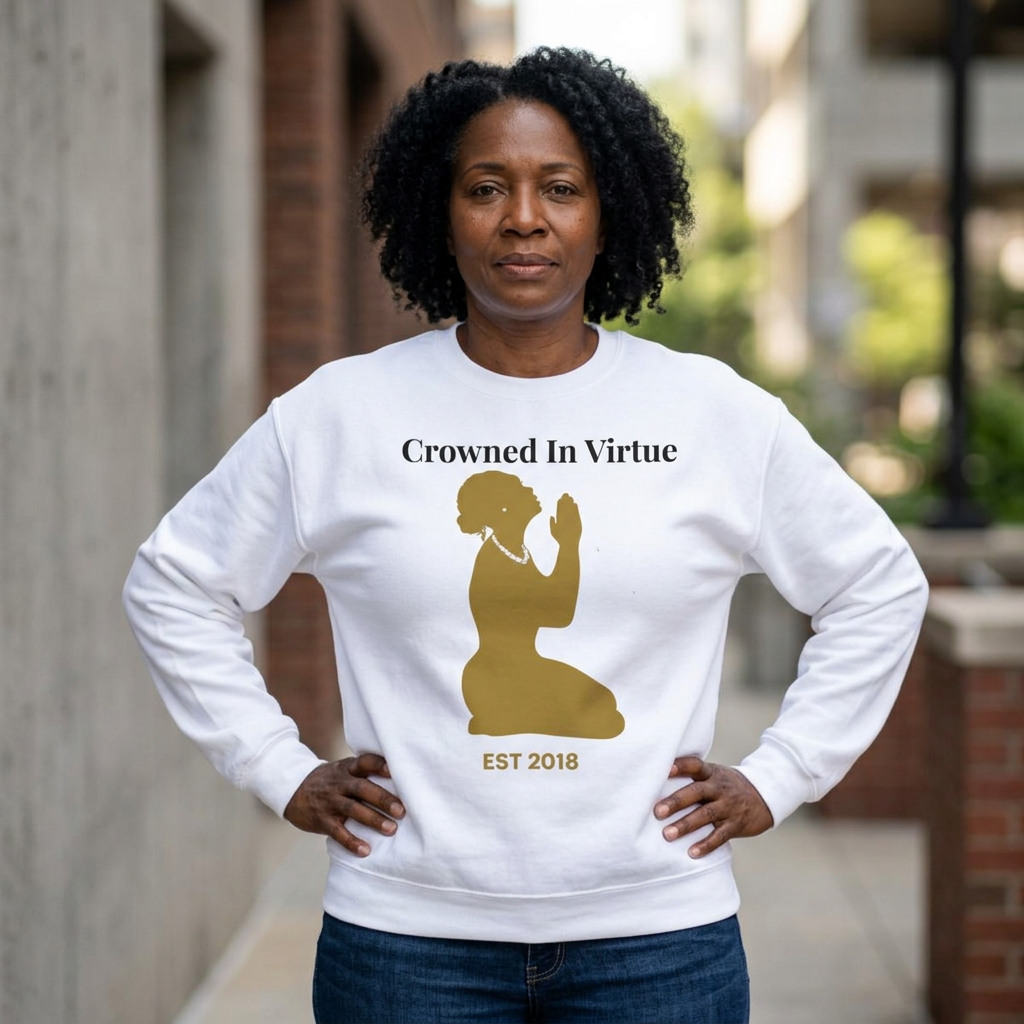 Crowned in Virtue Sweatshirt — Silhouette Prayer Graphic Crewneck Gold Accented