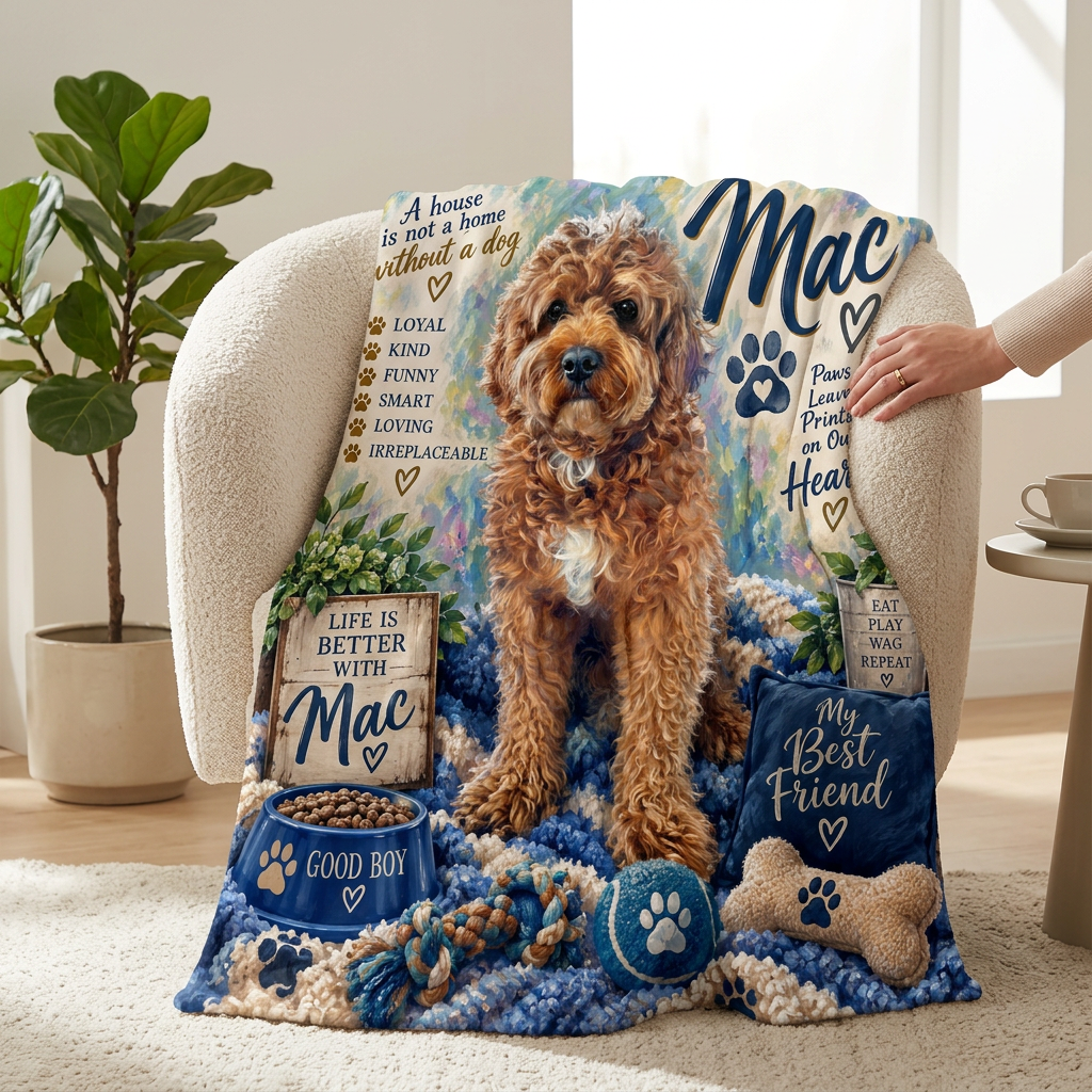 Mac Paw Print Dog Portrait Velveteen Plush Blanket