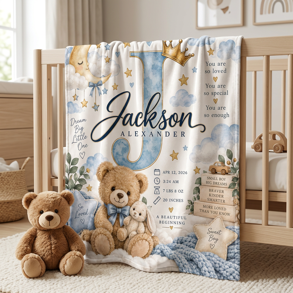 Personalized Teddy Bear Nursery Blanket Velveteen Plush