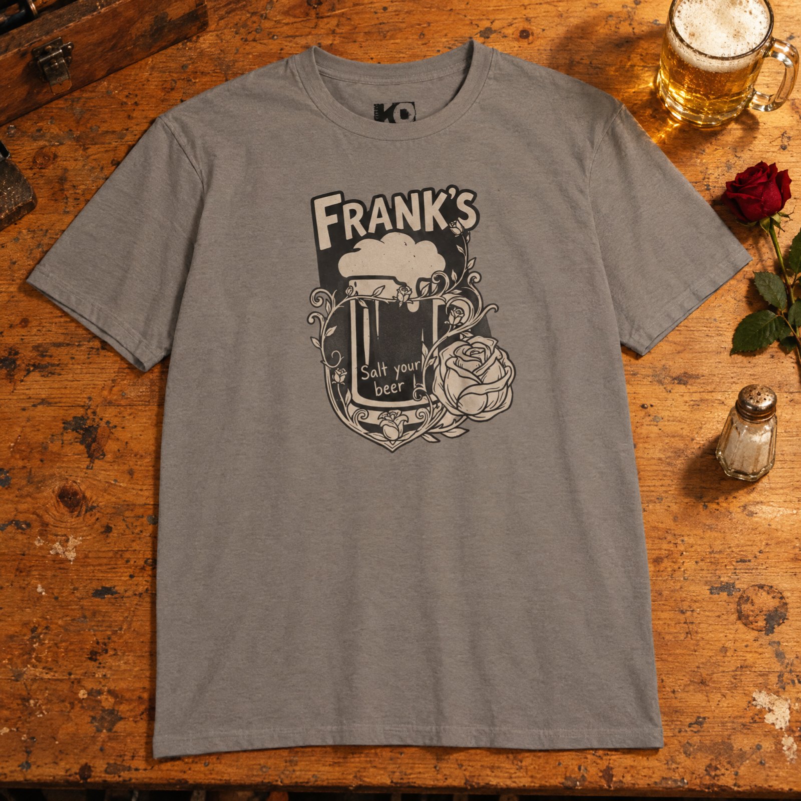 Frank's Beer Mug with Rose T-Shirt | Salt Your Beer — CVC Stone Gray — Other view