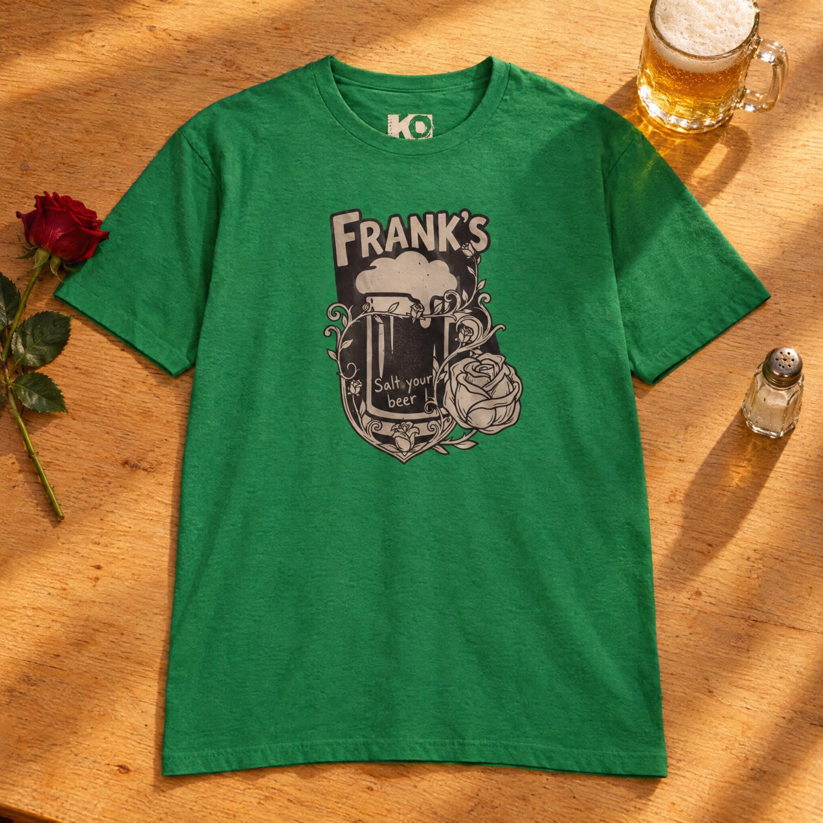 Frank's Beer Mug with Rose T-Shirt | Salt Your Beer — CVC Kelly Green — Other view