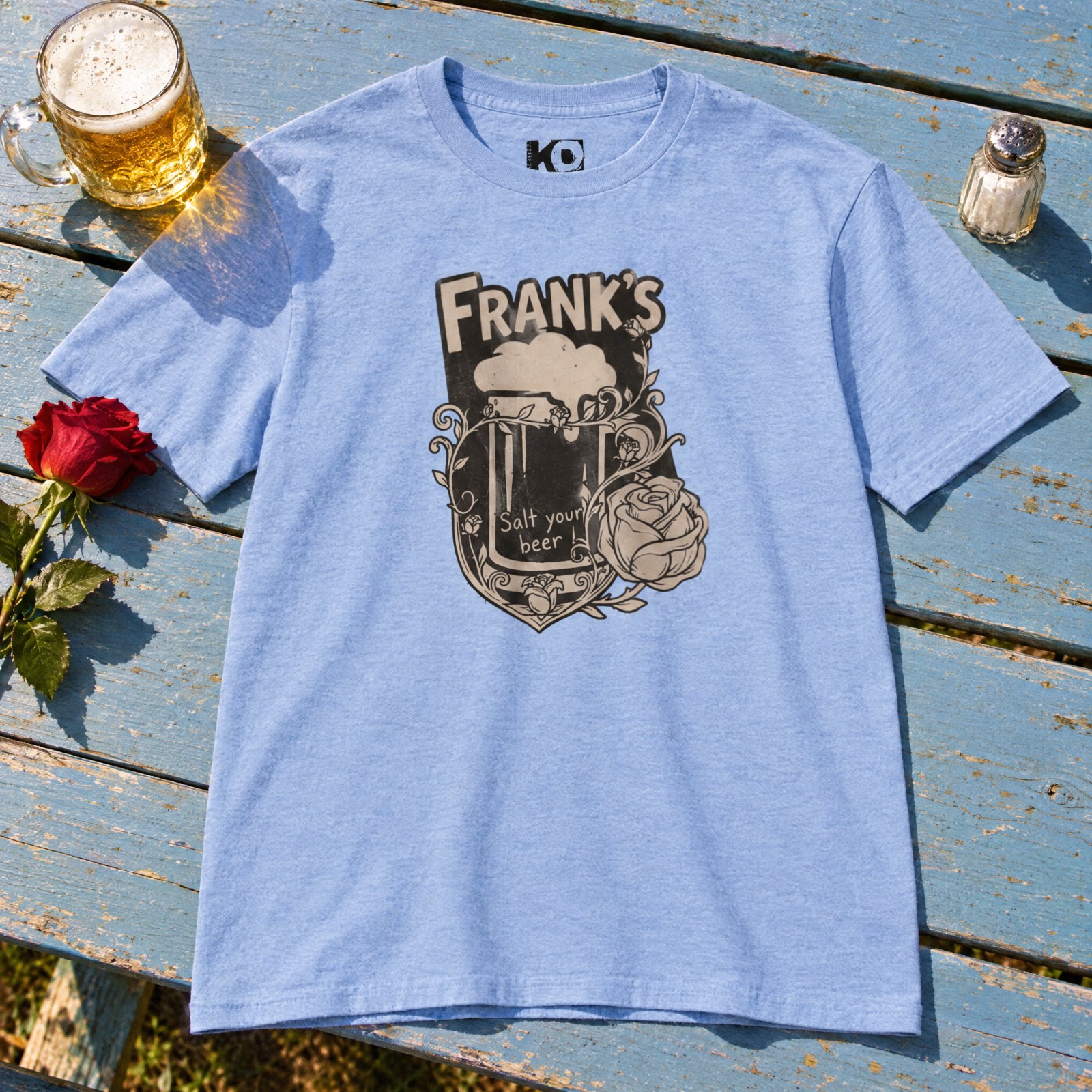 Frank's Beer Mug with Rose T-Shirt | Salt Your Beer — Heather Columbia Blue — Other view