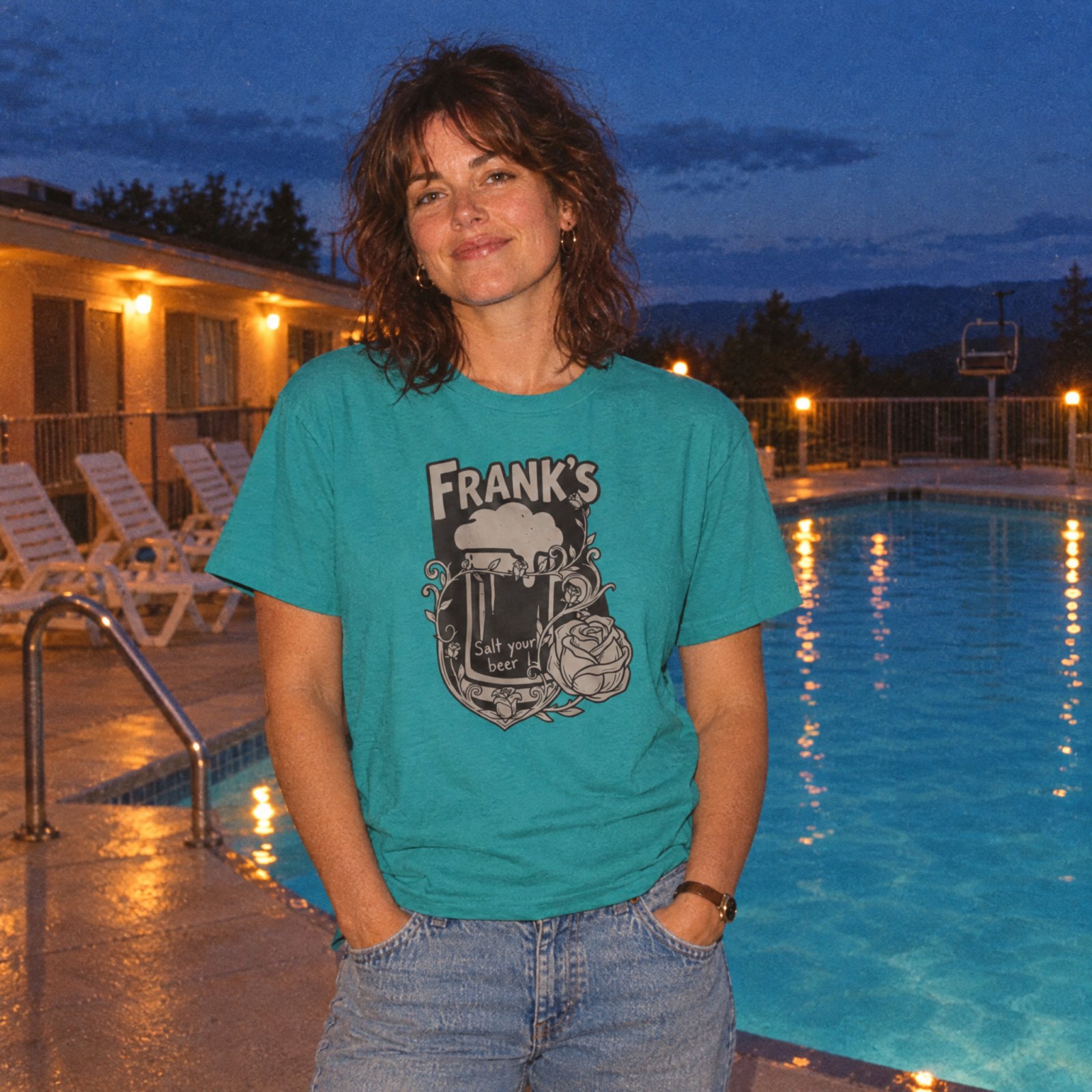 Frank's Beer Mug with Rose T-Shirt | Salt Your Beer — CVC Teal — Other view
