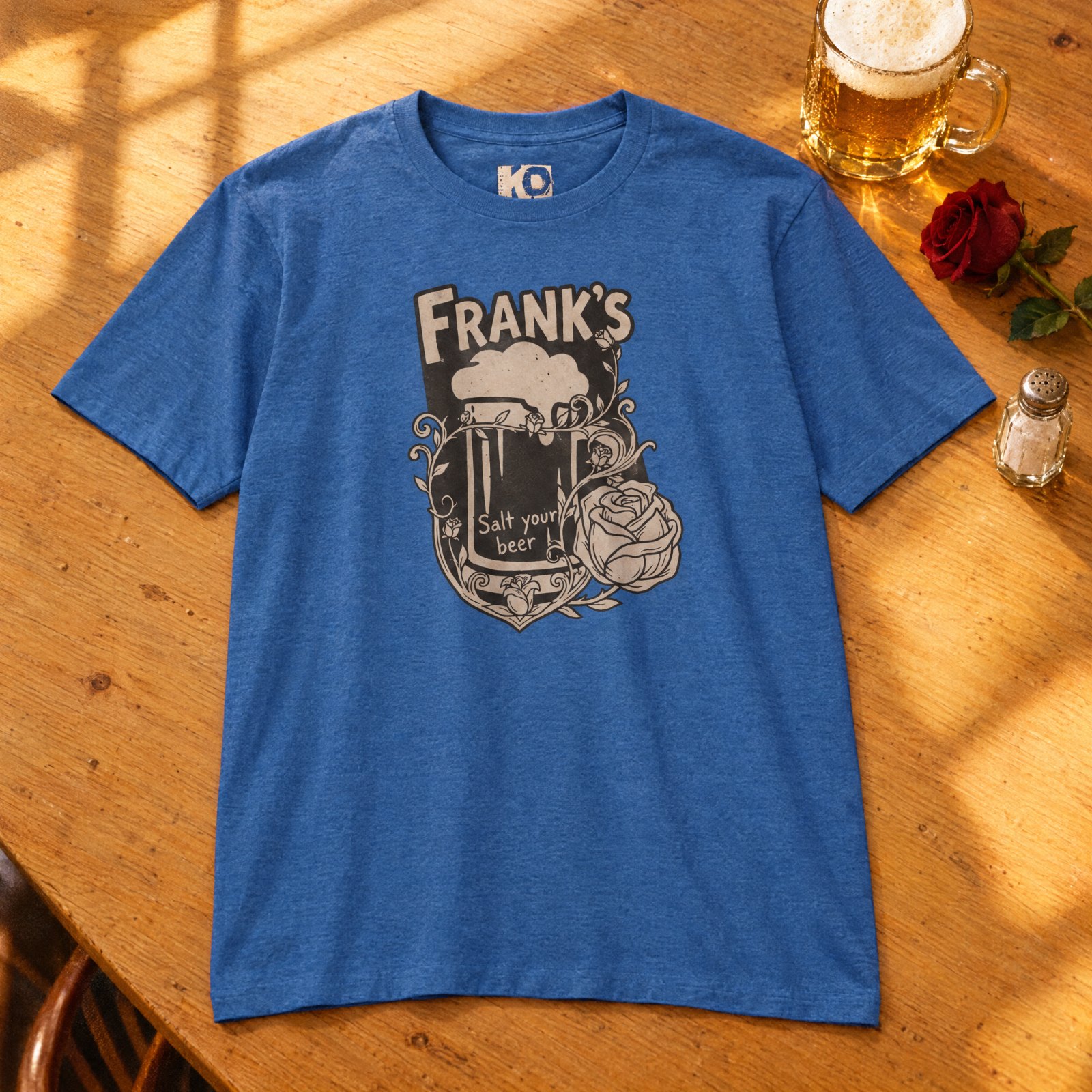 Frank's Beer Mug with Rose T-Shirt | Salt Your Beer — Heather Cool Blue — Other view