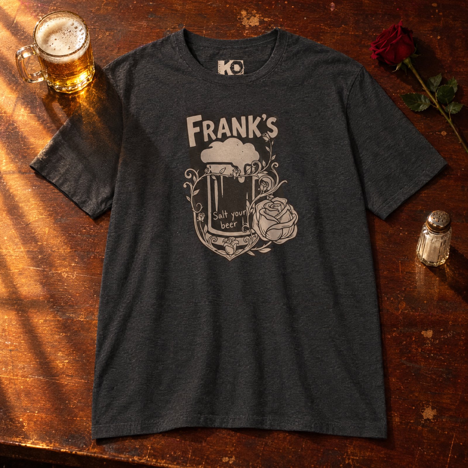 Frank's Beer Mug with Rose T-Shirt | Salt Your Beer — CVC Charcoal — Other view