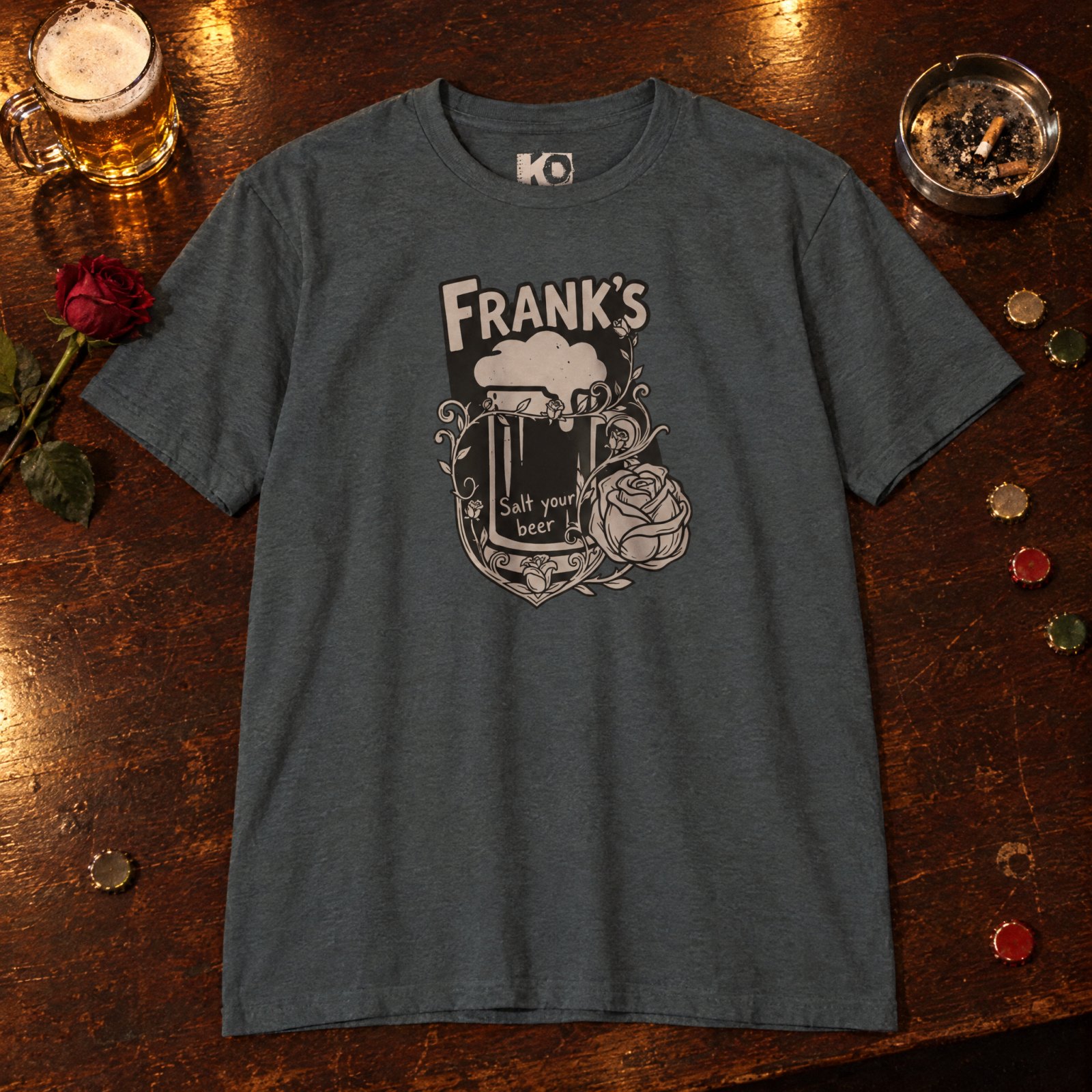 Frank's Beer Mug with Rose T-Shirt | Salt Your Beer — Heather Heavy Metal — Other view