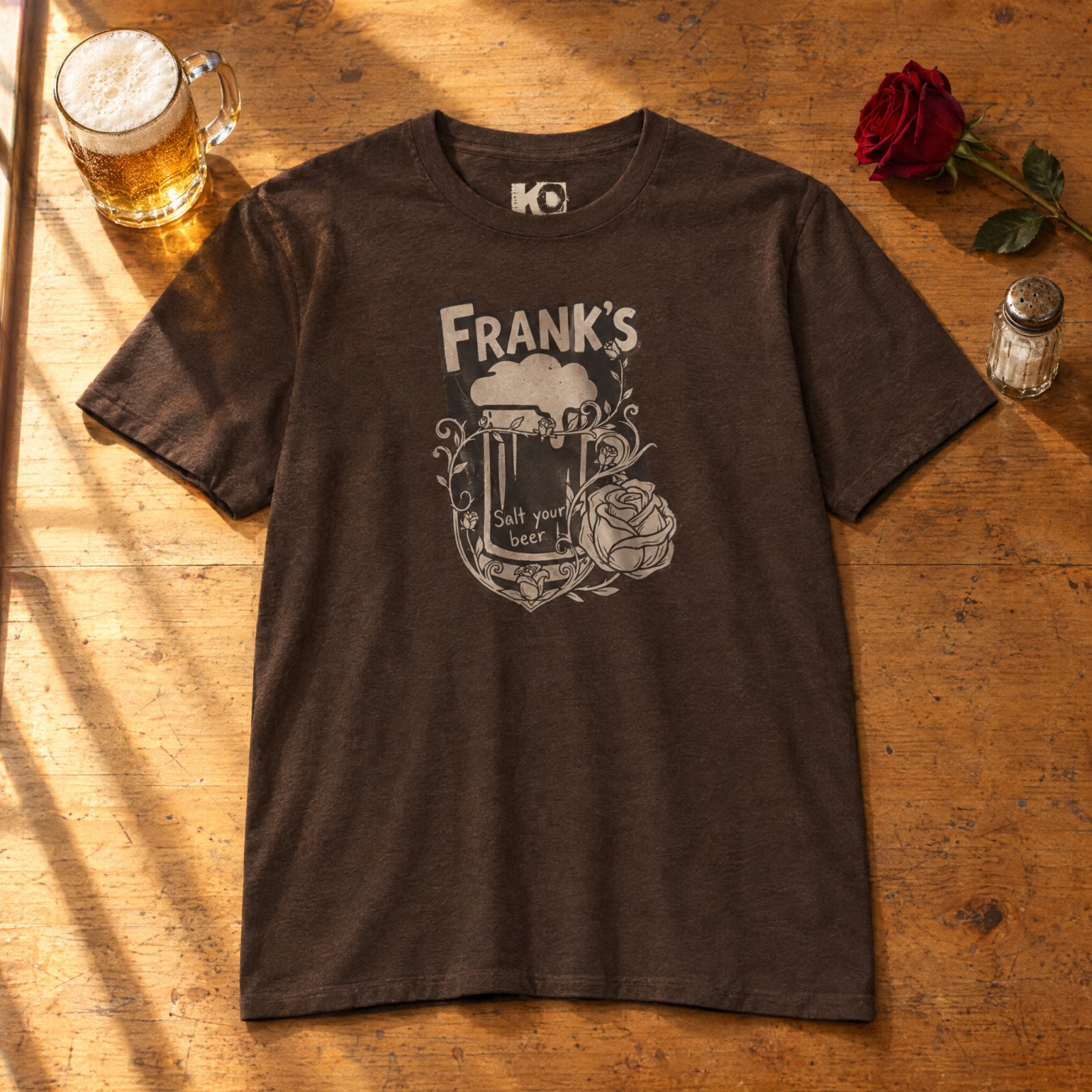 Frank's Beer Mug with Rose T-Shirt | Salt Your Beer — CVC Espresso — Other view