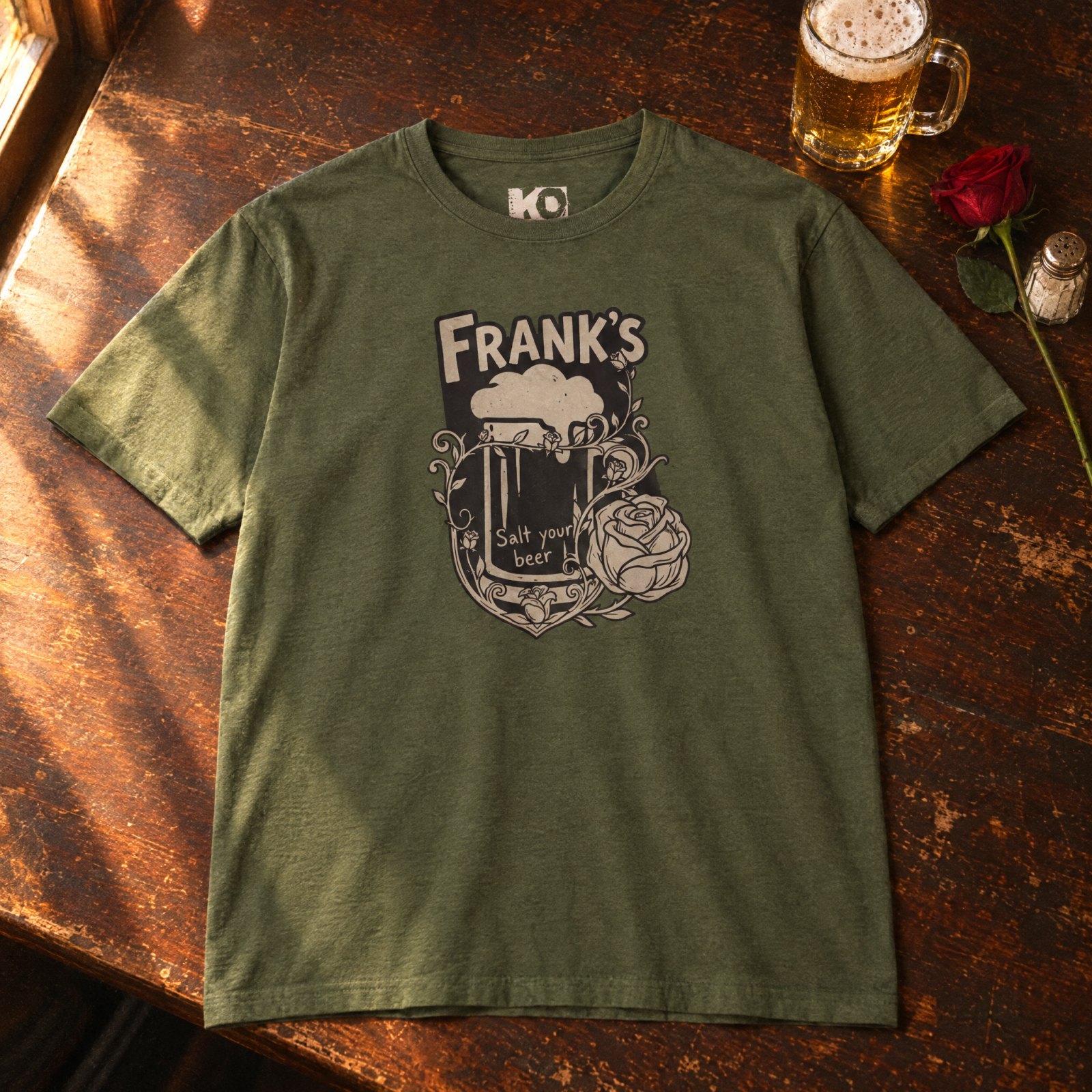 Frank's Beer Mug with Rose T-Shirt | Salt Your Beer — CVC Military Green — Other view
