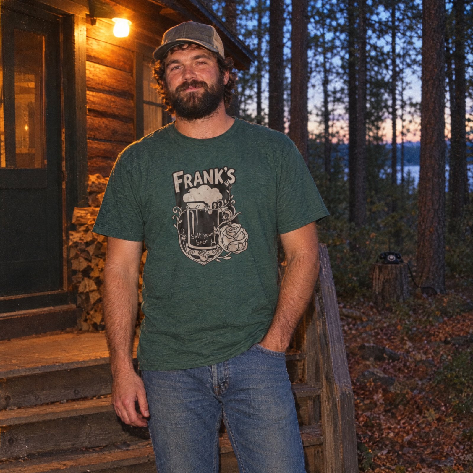 Frank's Beer Mug with Rose T-Shirt | Salt Your Beer — Heather Forest Green — Other view